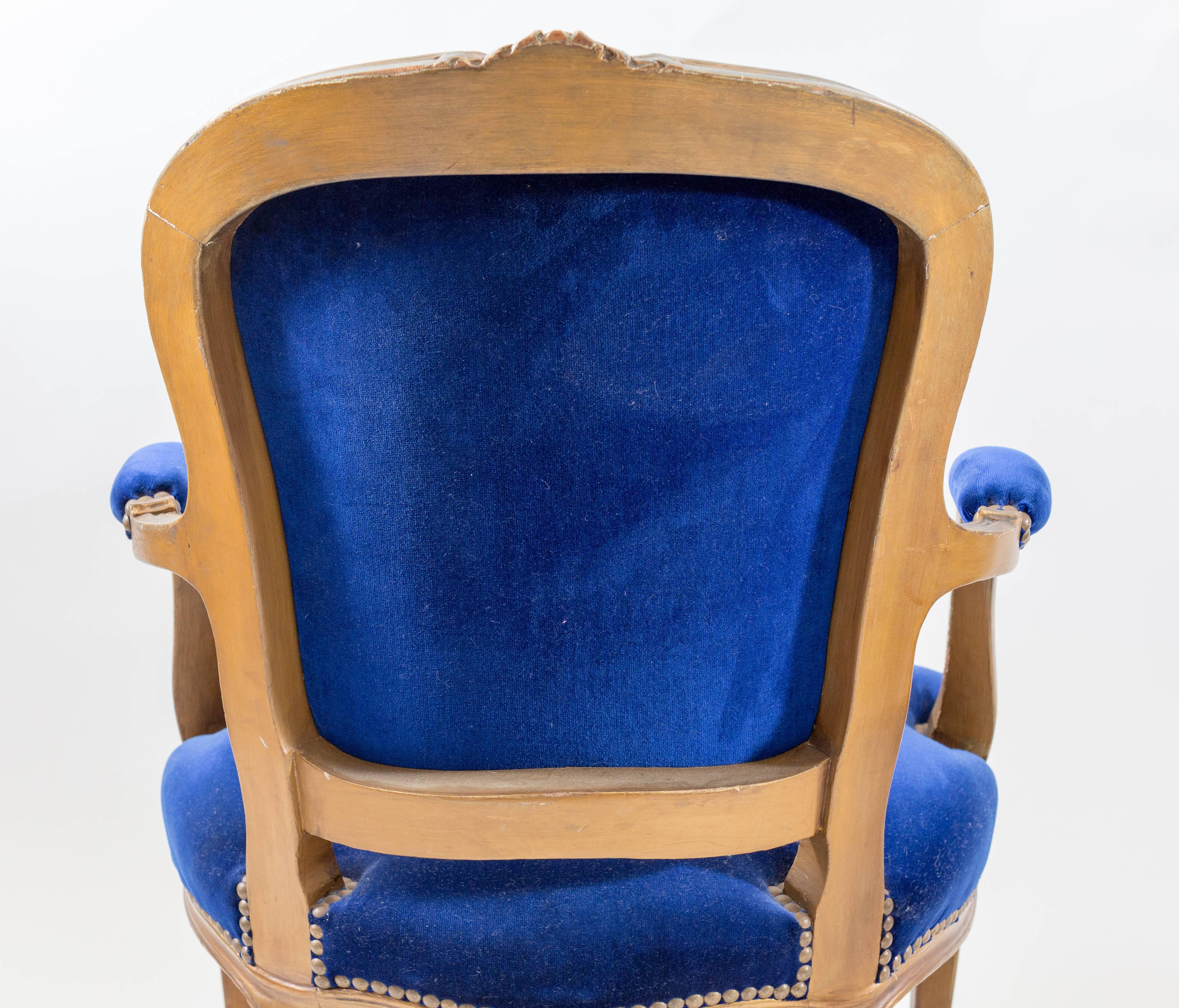 Pair of Cobalt Blue Velvet Louis Bergere Padded Armchairs In Good Condition In Asheville, NC