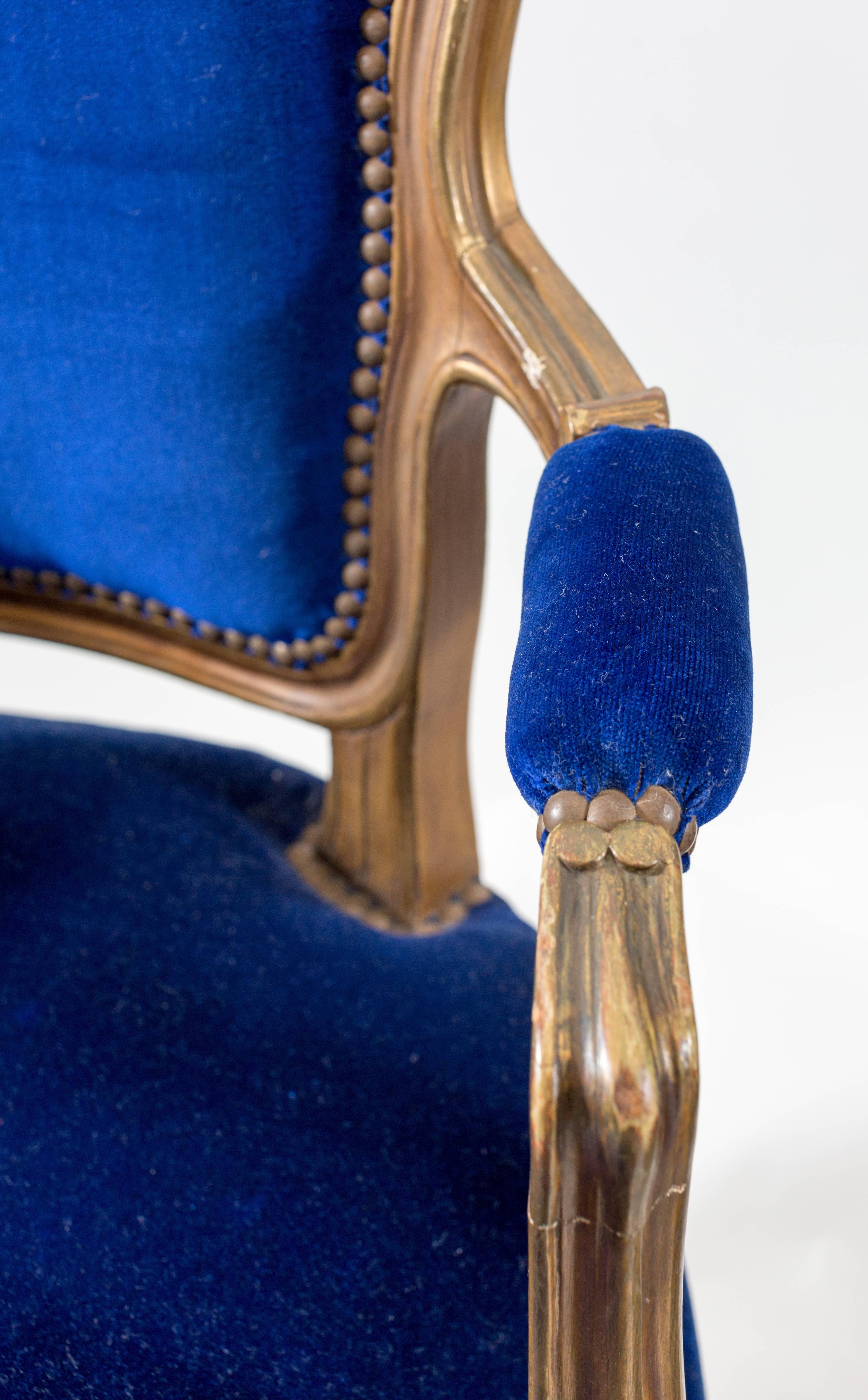 Pair of Cobalt Blue Velvet Louis Bergere Padded Armchairs 1