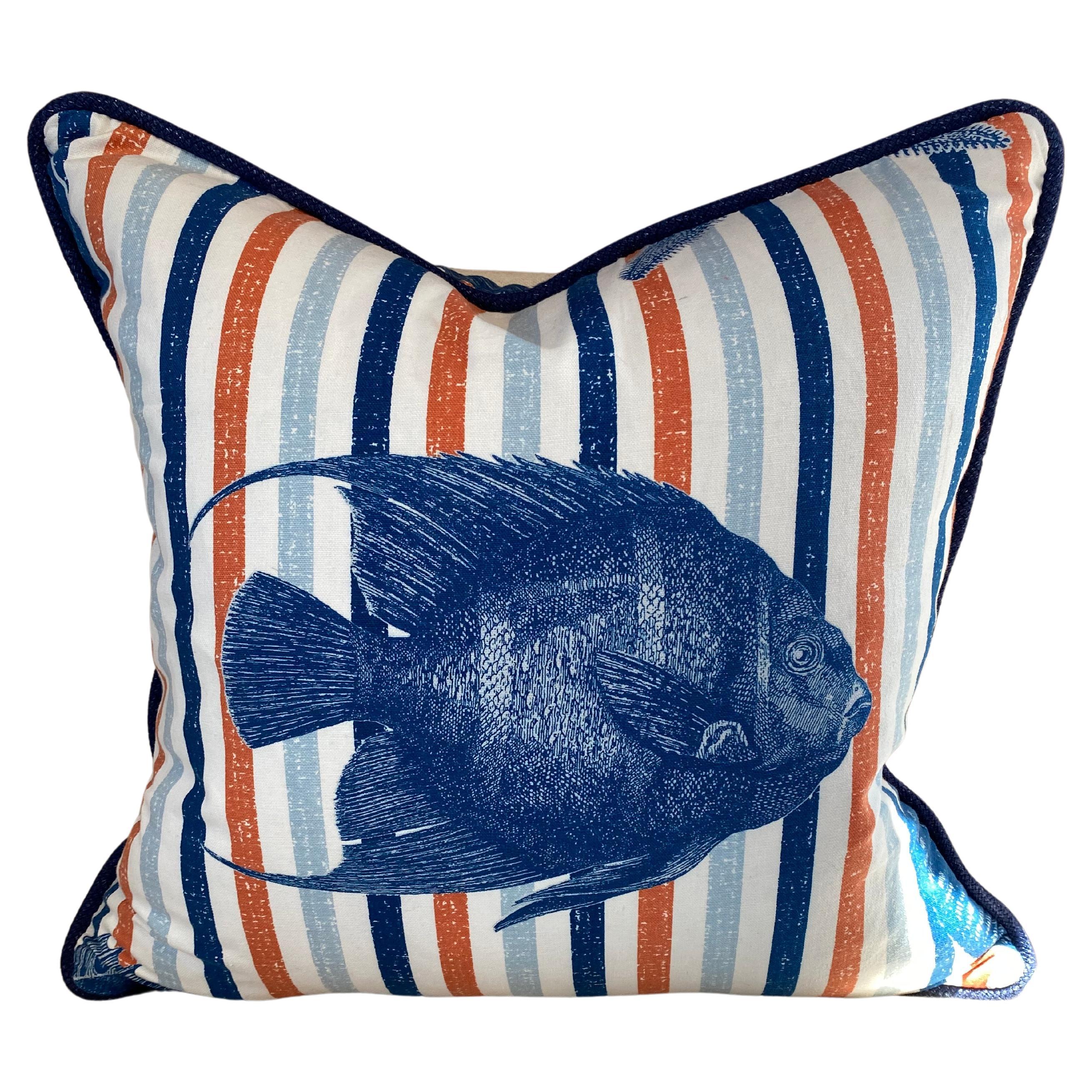 Summer Accent Cobalt and Orange Cotton Baja Fish Pillow  For Sale