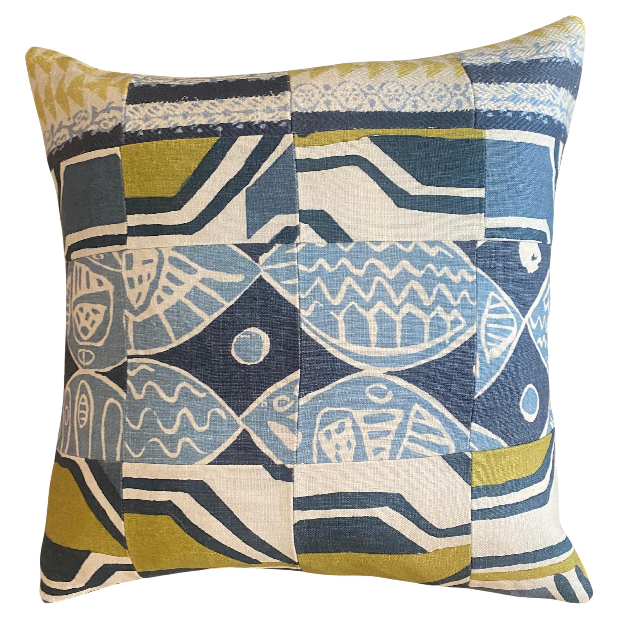Batik Fabric " Flag " Style Pillow with Light Blue Jean Inspired Back with Knife For Sale