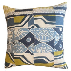 Batik Fabric " Flag " Style Pillow with Light Blue Jean Inspired Back with Knife