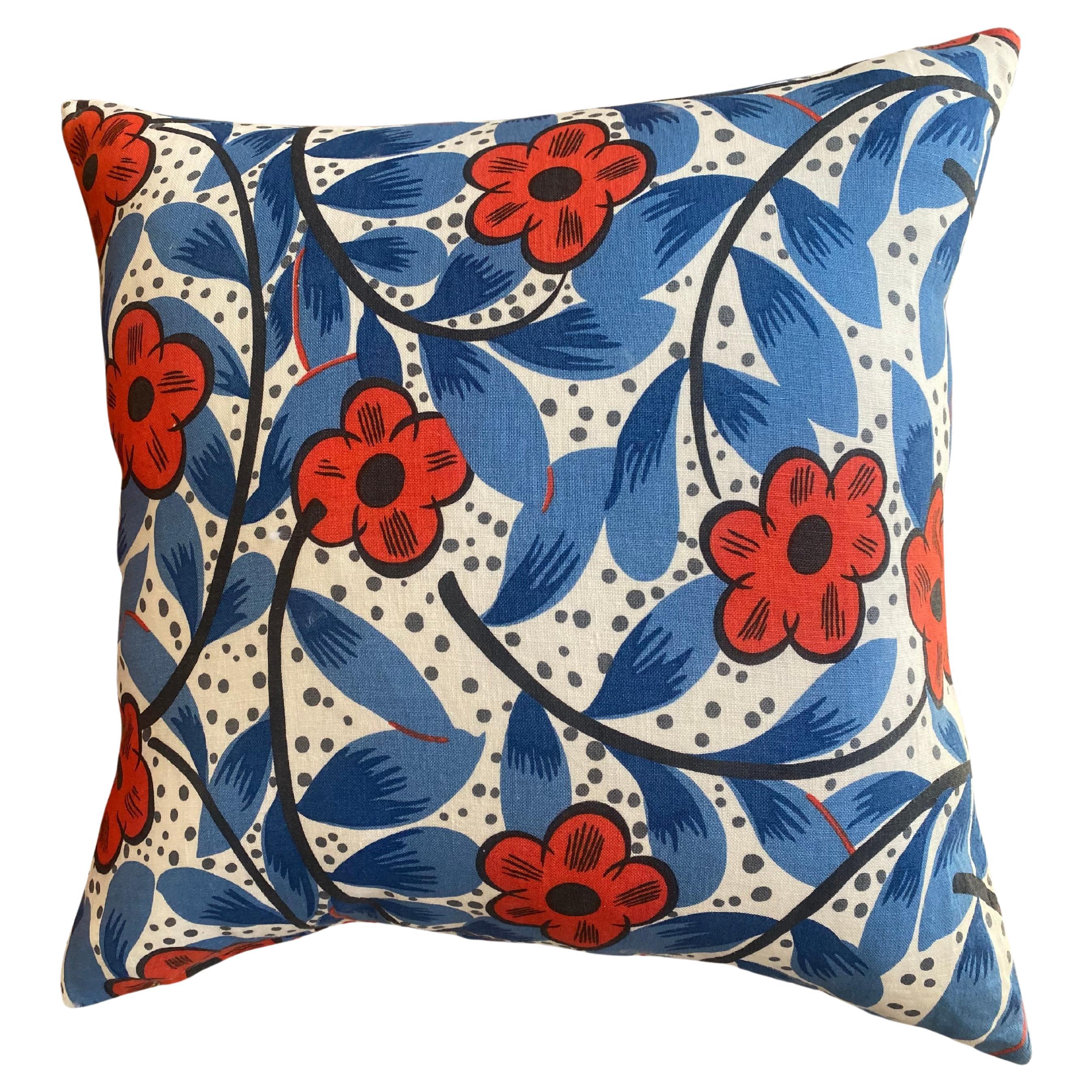 Red White and Cobalt Blue Cotton Floral Print Mid Century Modern For Sale