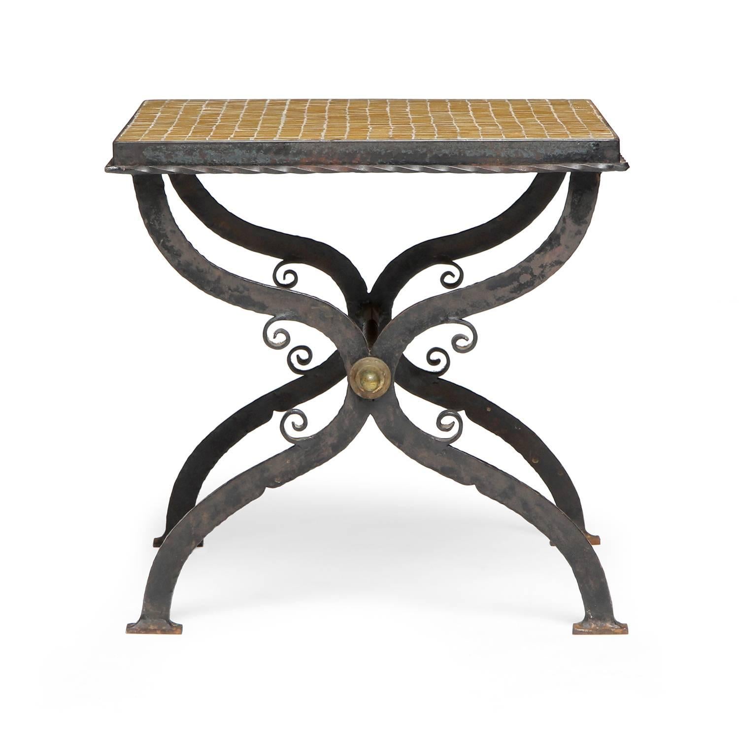 Italian Pair of Tile Inlaid Wrought Iron X-Base Side Tables