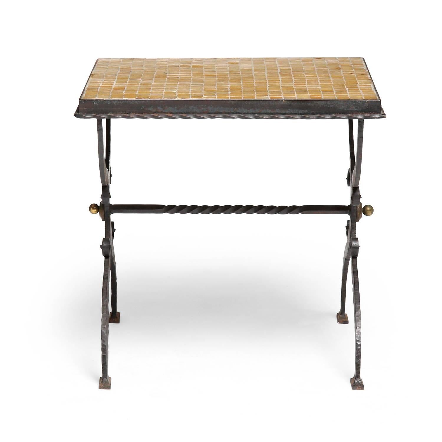 Pair of Tile Inlaid Wrought Iron X-Base Side Tables In Good Condition In Sagaponack, NY