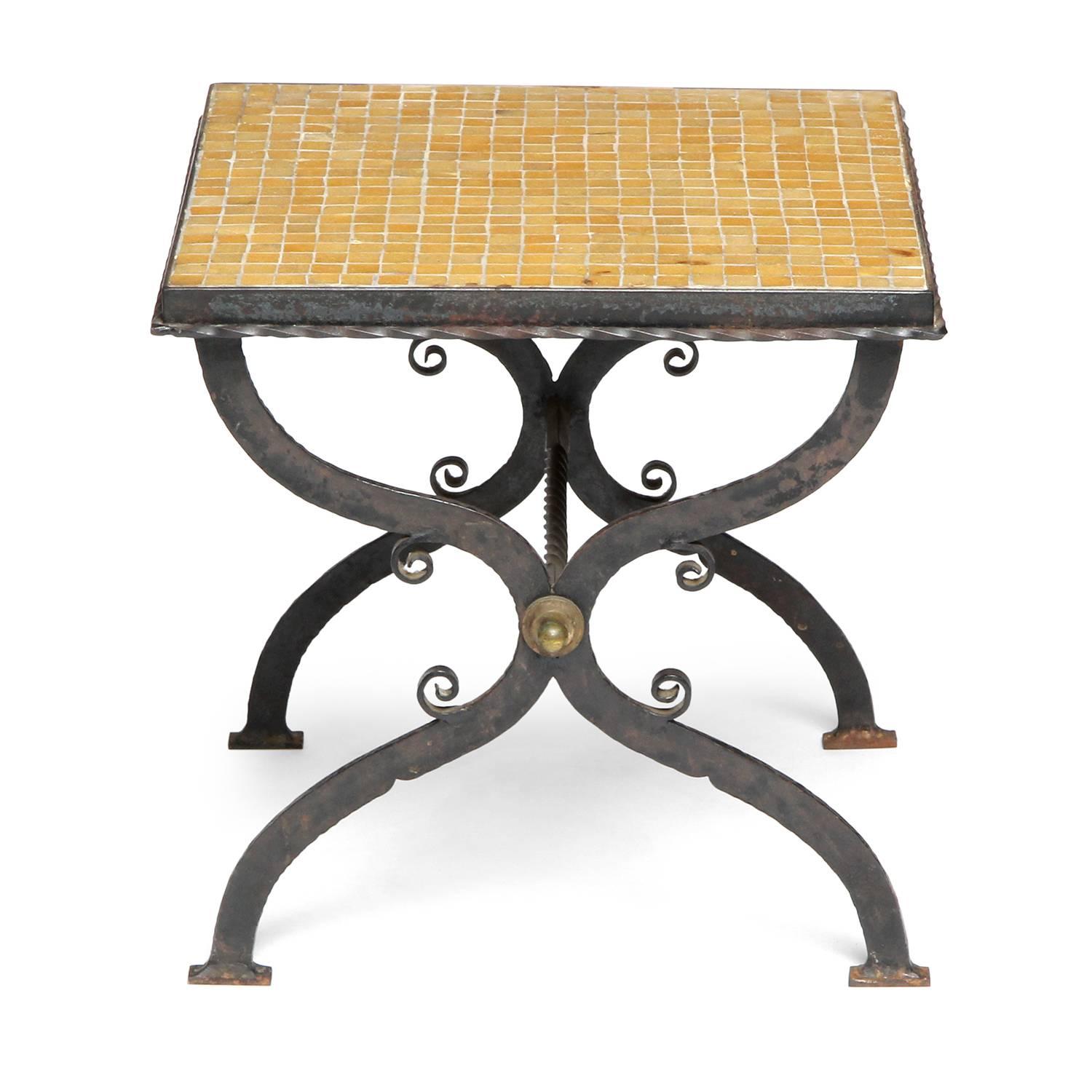 Pair of Tile Inlaid Wrought Iron X-Base Side Tables 1