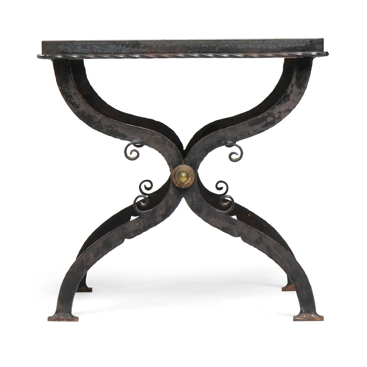 Mid-20th Century Pair of Tile Inlaid Wrought Iron X-Base Side Tables