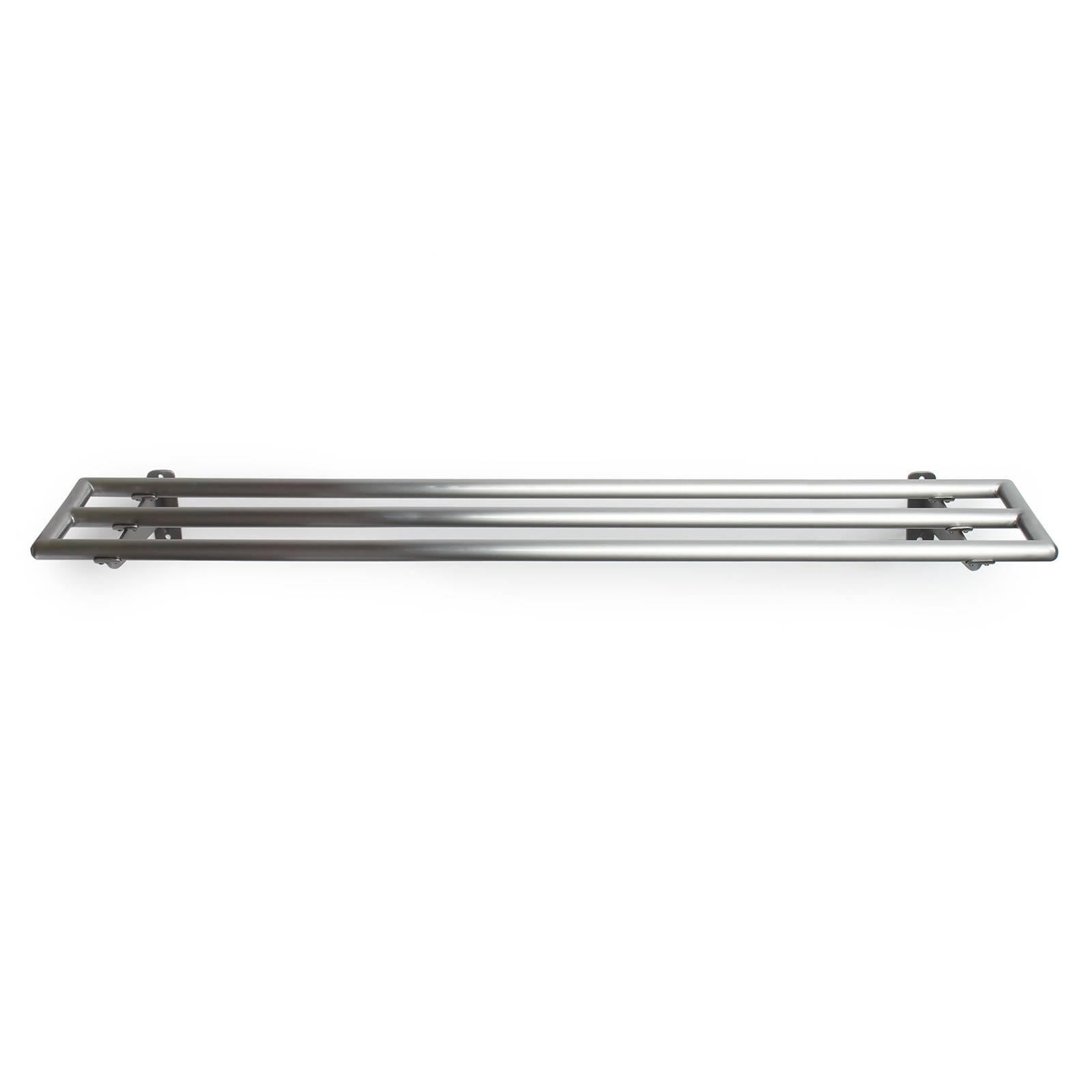 A Mid-Century Modern wall-mounted luggage rack / shelf in brushed stainless steel. Manufactured in the USA, circa 1950s.