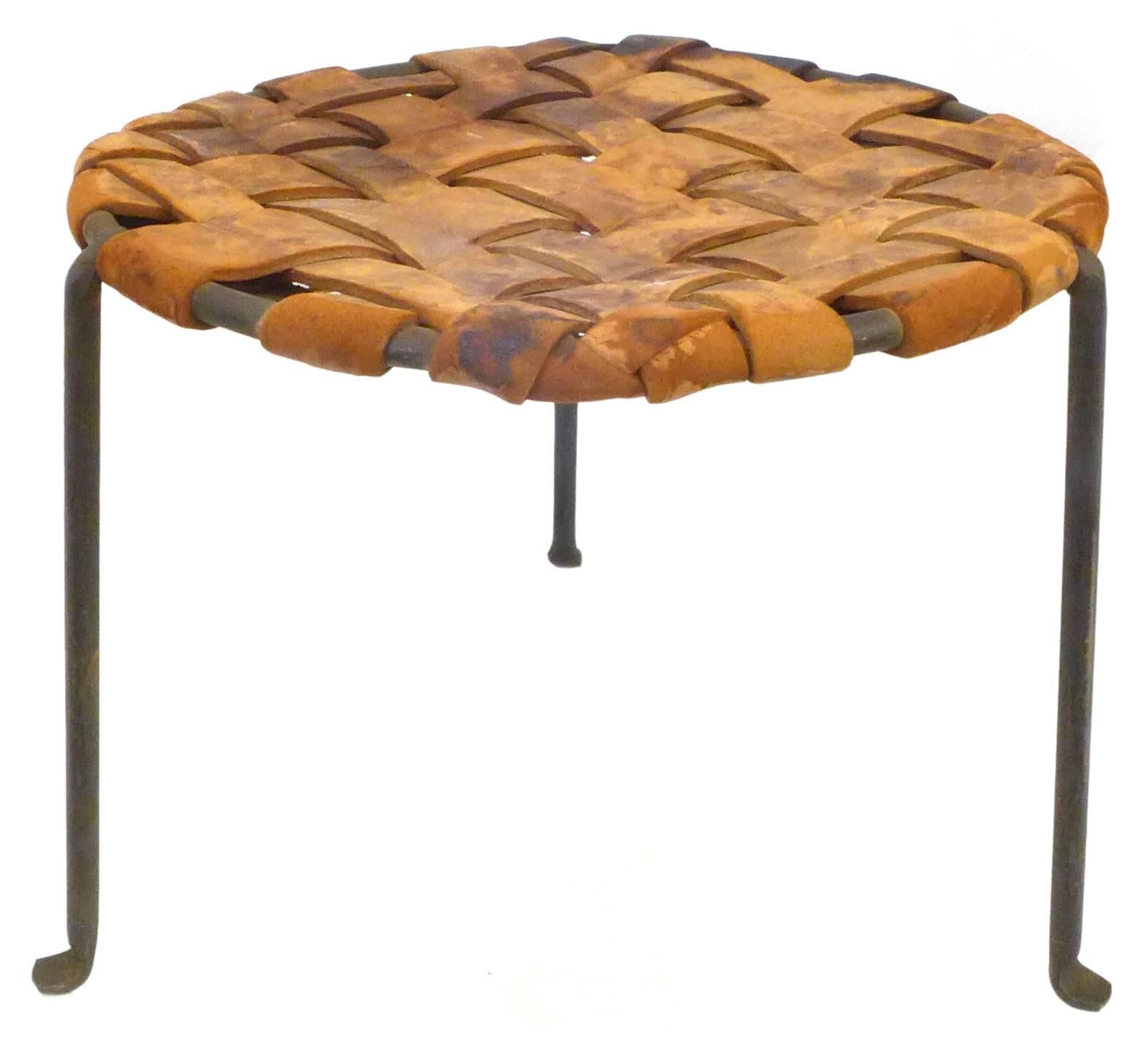 Mid-Century Modern Pair of Iron and Woven Leather Stools by Lila Swift & Donald Monell For Sale