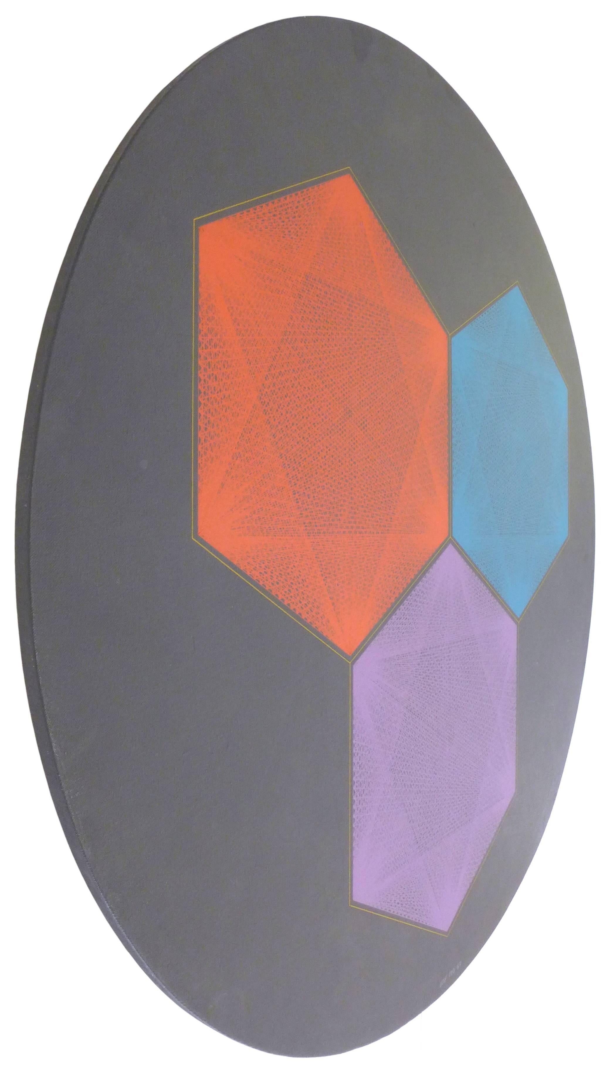 An incredible, geometric oil on canvas by California artist Ernest Noel Posey (1937 - 2007). On a sculpted, matte-black, circular canvas, a union of three gold-bordered, variously-colored hexagons each composed of a dizzying web of unbelievably