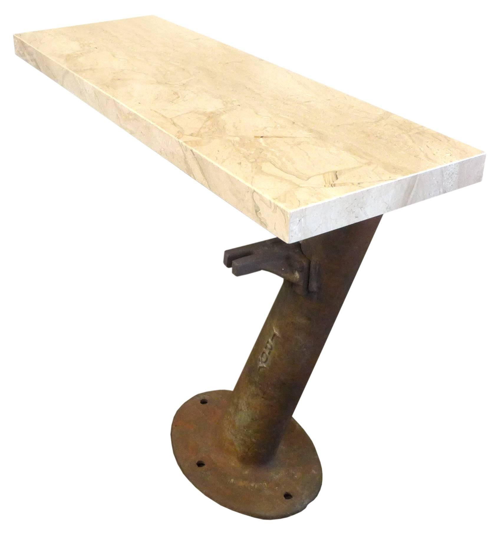 American Cantilevered Travertine and Cast Iron Console For Sale