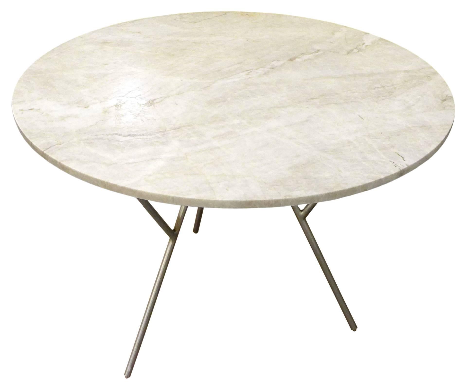 American Round Travertine and Steel Dining Table