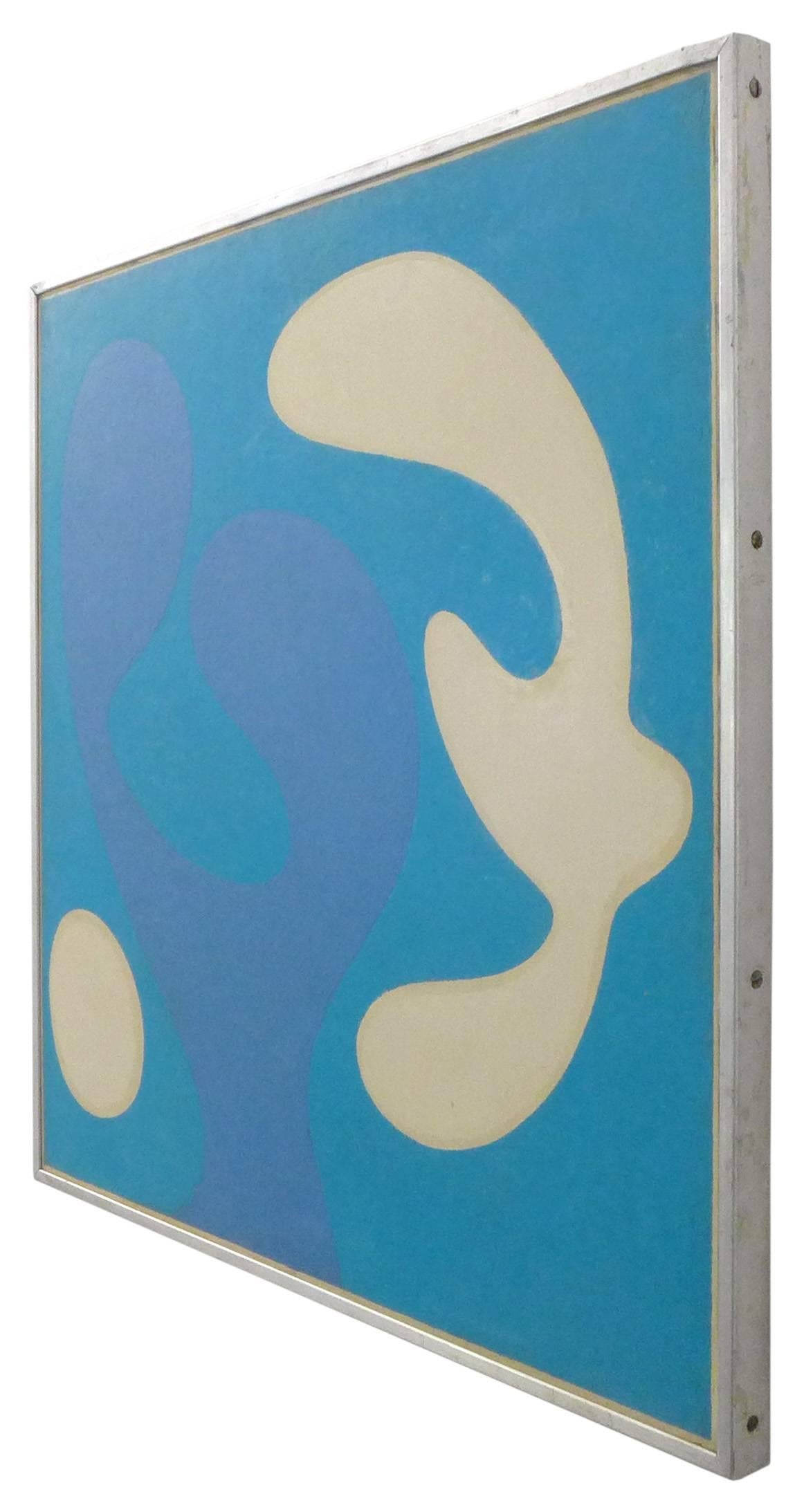 A beautiful abstract oil painting on masonite board. An interacting collection of three amorphous forms in a simple, serene palette of whites and blues; a wonderfully executed work exuding a calm and playful harmony. The painting wears a nice,