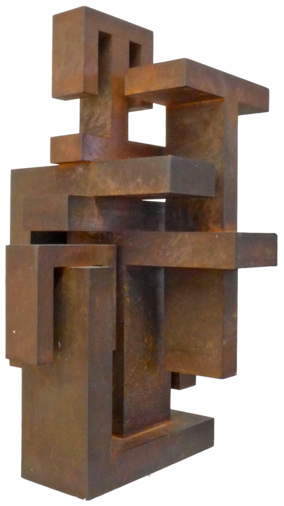 An anonymous but extraordinary solid steel, modernist sculpture. A strong geometric composition of the highest level of execution constructed of masterfully-welded, solid-stock steel bar. An incredible, heavy and spectacular example of mid-20th