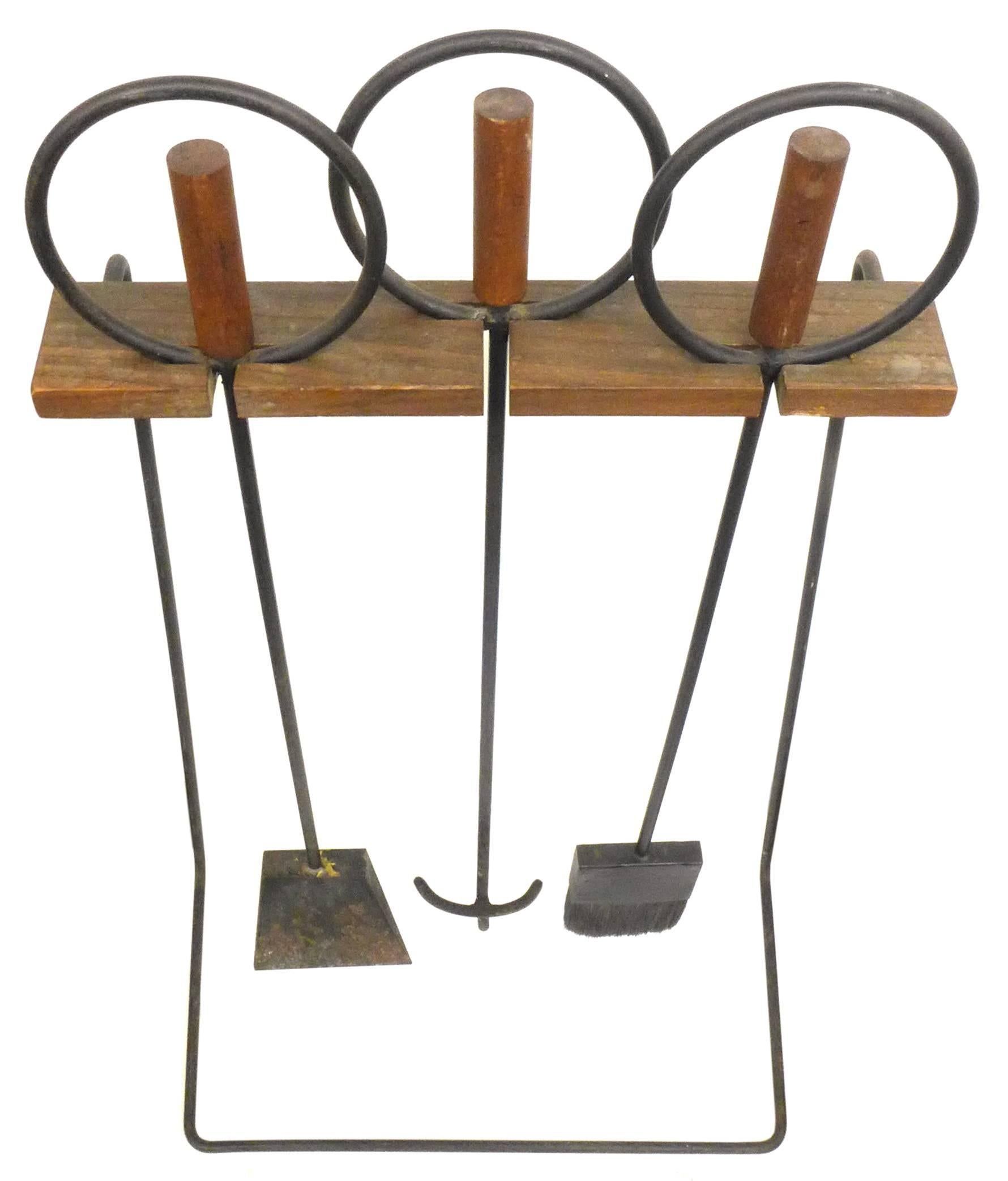 American Set of Mid-Century Modern Wood and Iron Fire Tools