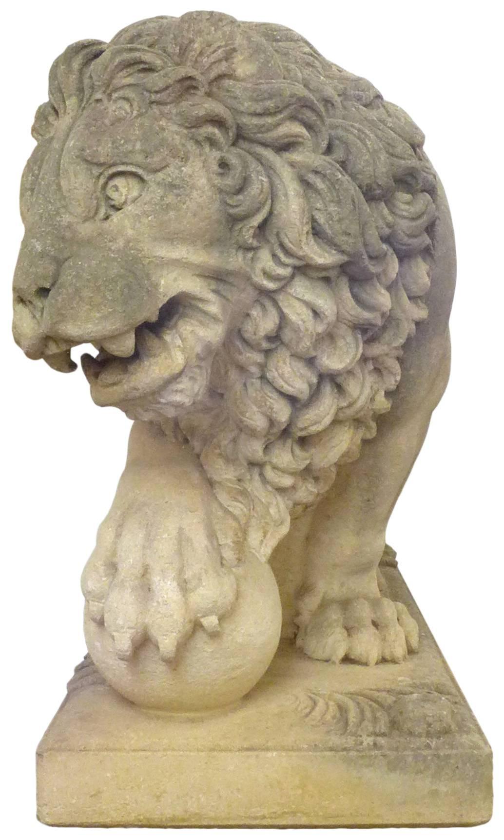 Pair of Italian Life-Sized Carved Limestone Lion Statues In Good Condition For Sale In Los Angeles, CA