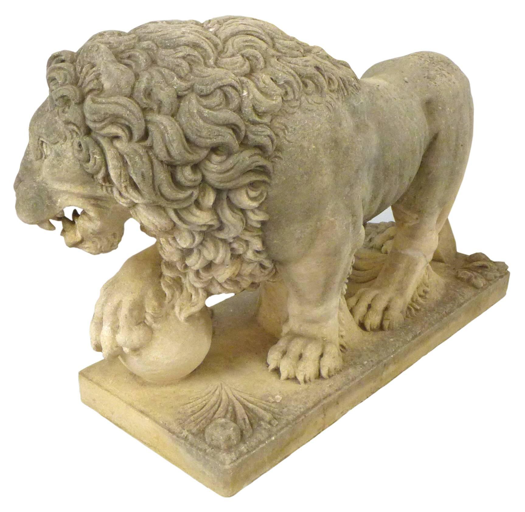 Neoclassical Pair of Italian Life-Sized Carved Limestone Lion Statues For Sale