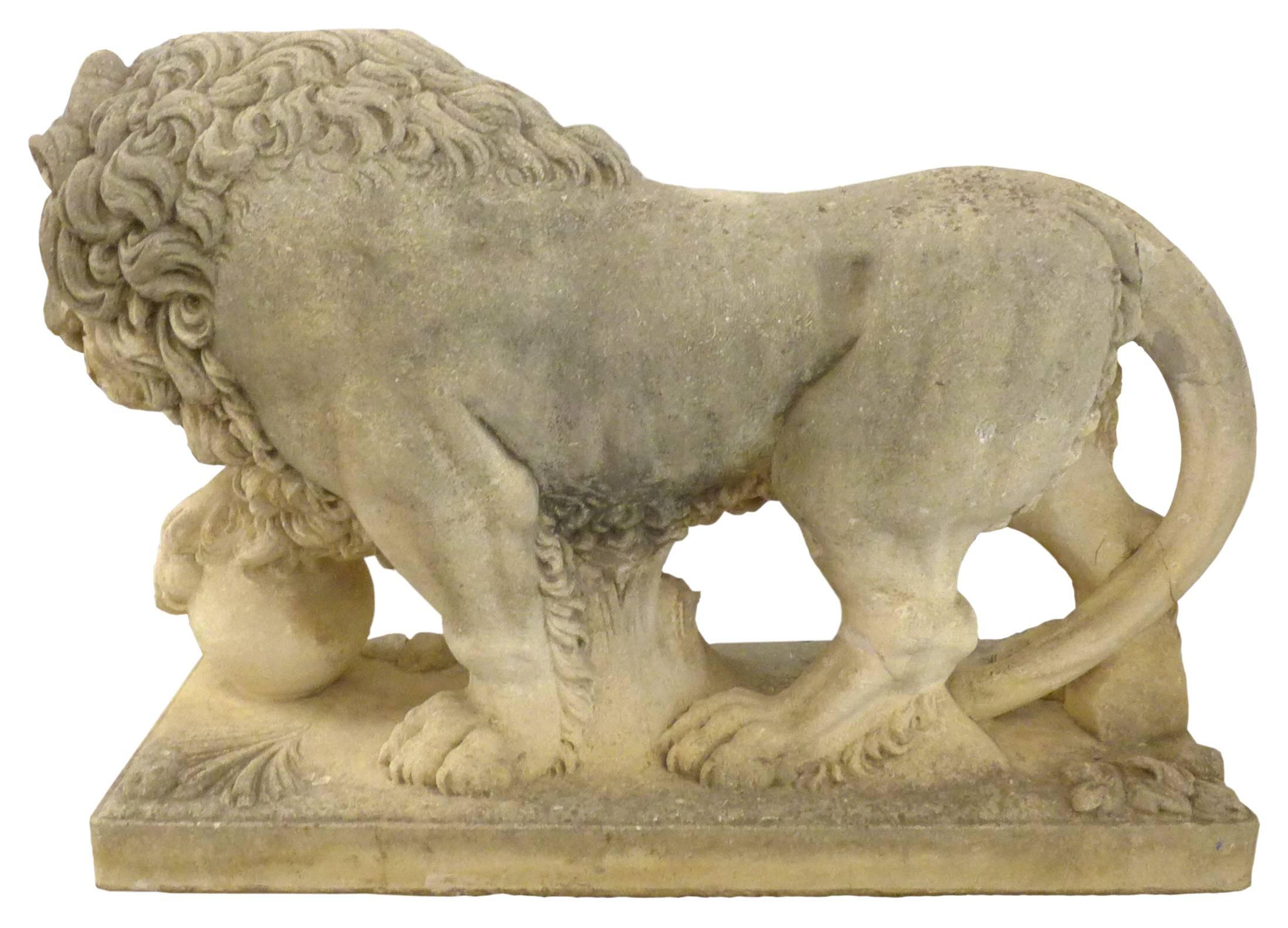 Hand-Carved Pair of Italian Life-Sized Carved Limestone Lion Statues For Sale
