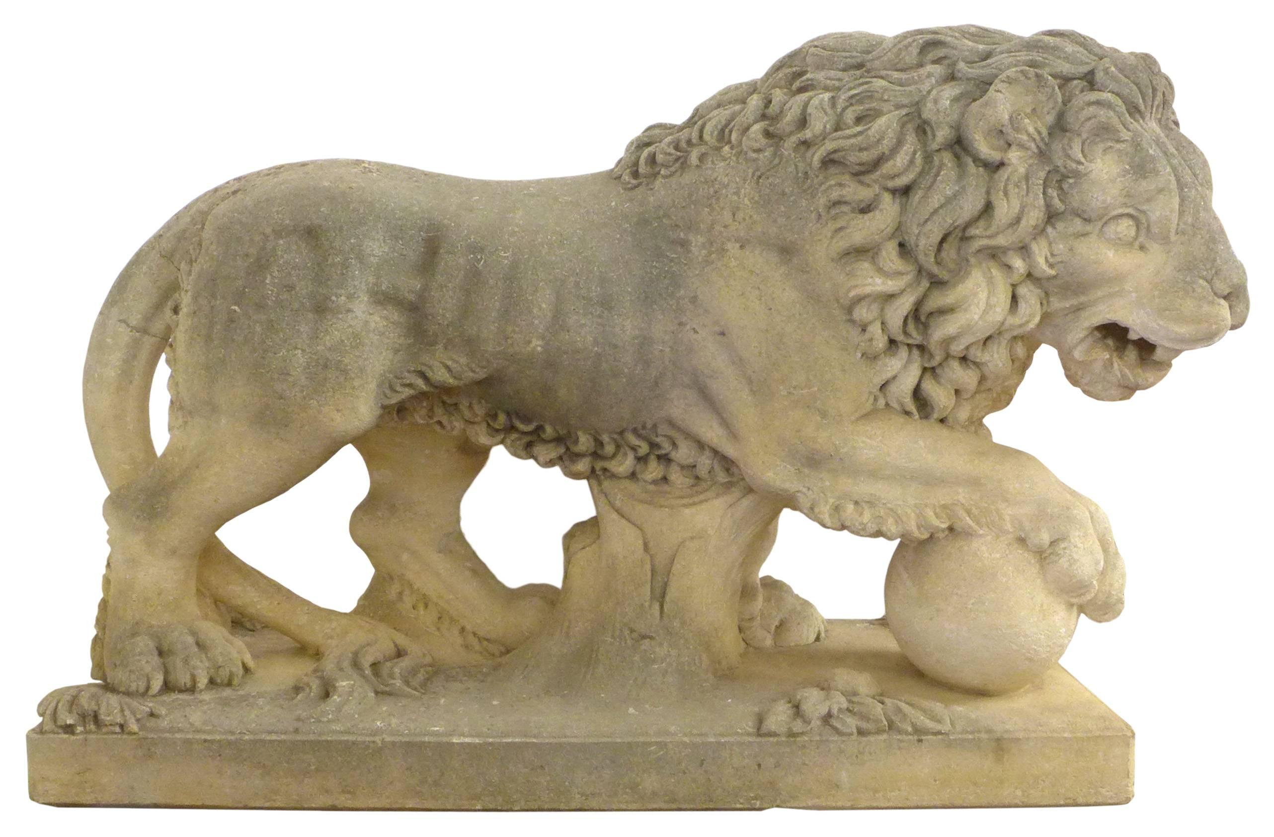 Mid-20th Century Pair of Italian Life-Sized Carved Limestone Lion Statues For Sale