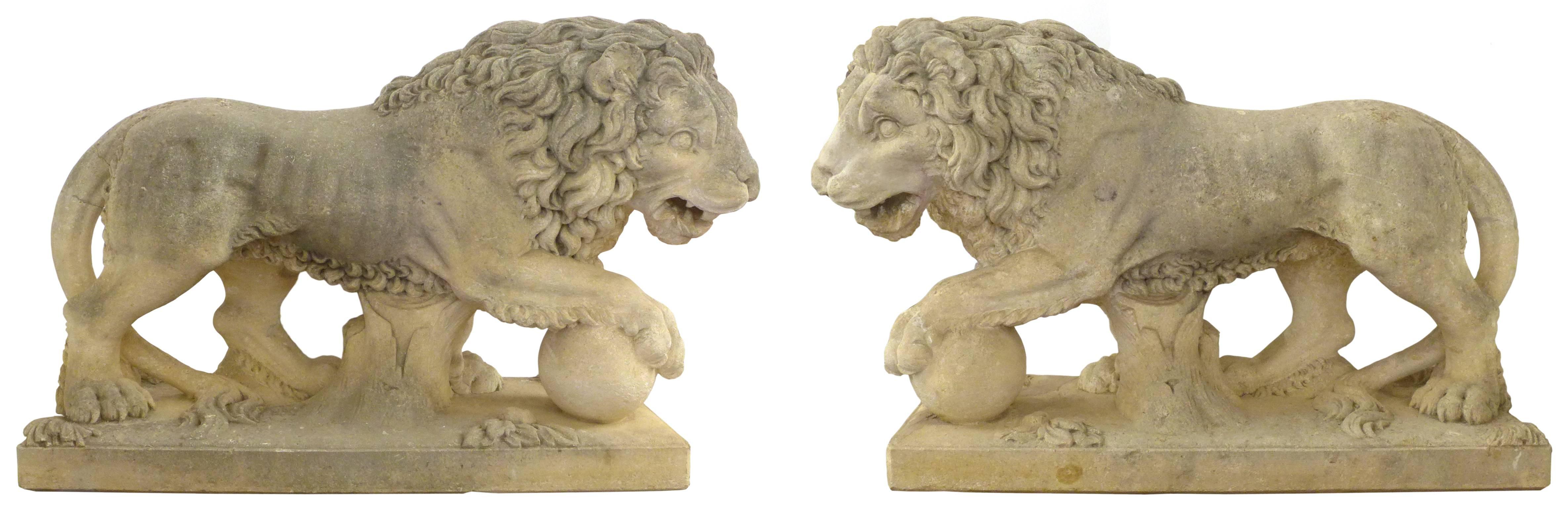 Pair of Italian Life-Sized Carved Limestone Lion Statues For Sale 1