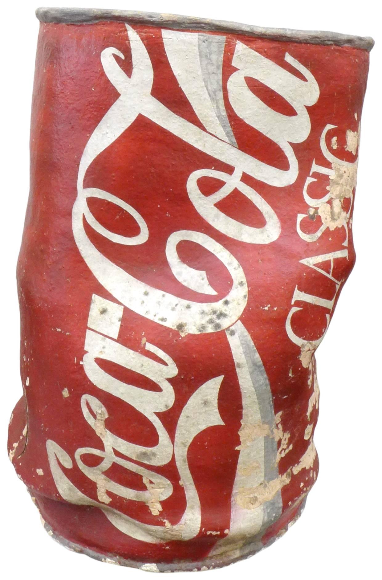 A unique and exceptional, Pop Art-meets-Folk Art, hand-made, ceramic, Coca Cola can sculpture. A wonderfully-whimsical and beautifully-conceived sculptural work of great scale, executed in hand-formed and hand-painted terra-cotta. Fantastic details