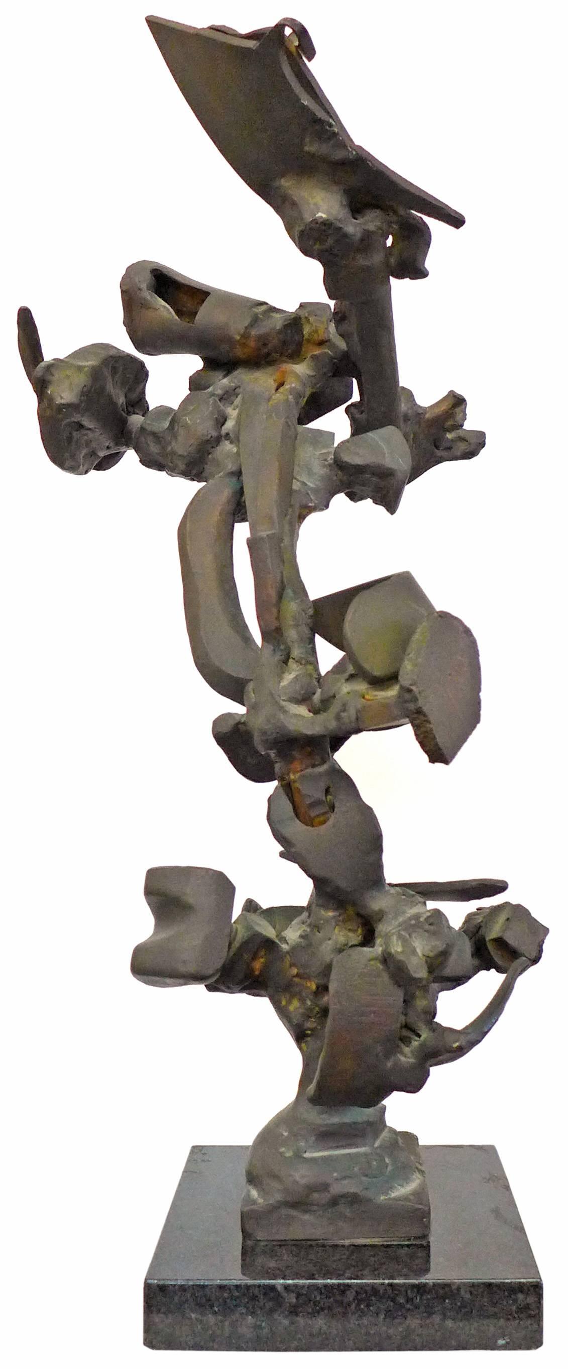 An exceptional abstract expressionist sculpture in cast bronze.  A dramatic form seemingly cast of an assemblage of crudely fused industrial fragments alluringly conveying a powerfully strained, labored motion in delicate balance.  A beautifully