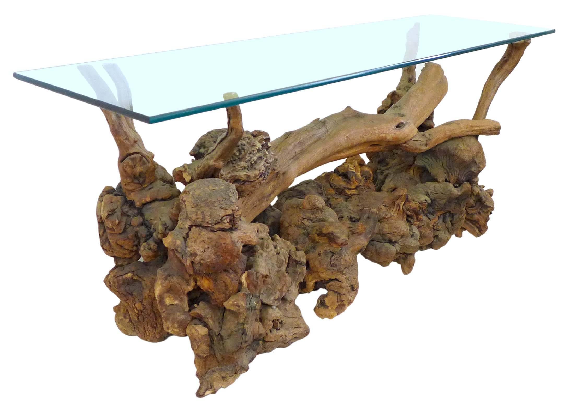 A fantastic burl and driftwood glass-top console table.  Assembled from multiple pieces of burl and driftwood fragments.  The wood has been pinned together with steel rods to create a great example of organic design.  Original rectangular glass top.