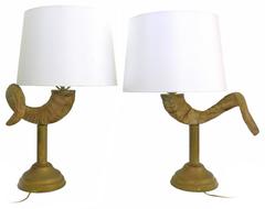 Pair of Ram's Horn and Brass Table Lamps