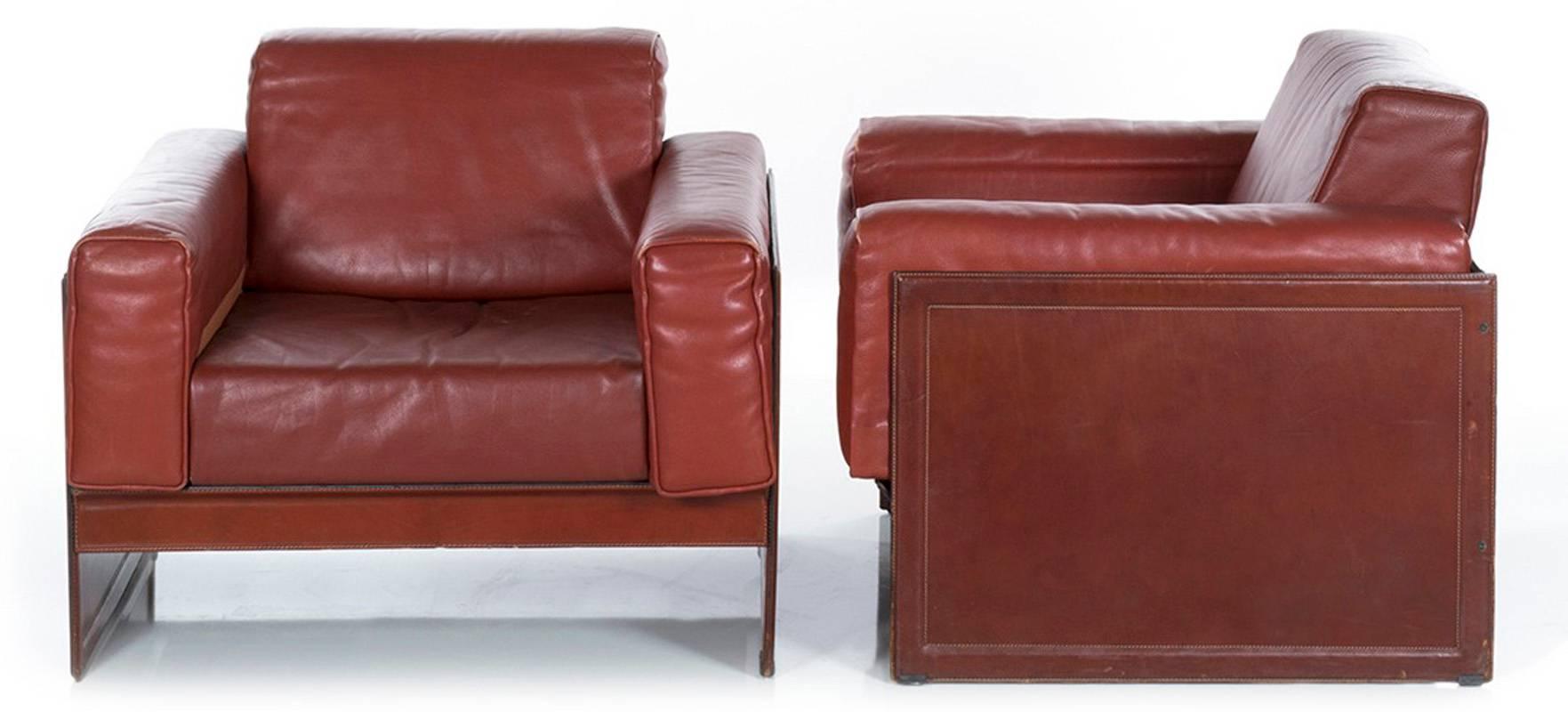 Italian Pair of Leather Club Chairs by Tito Agnoli for Matteograssi