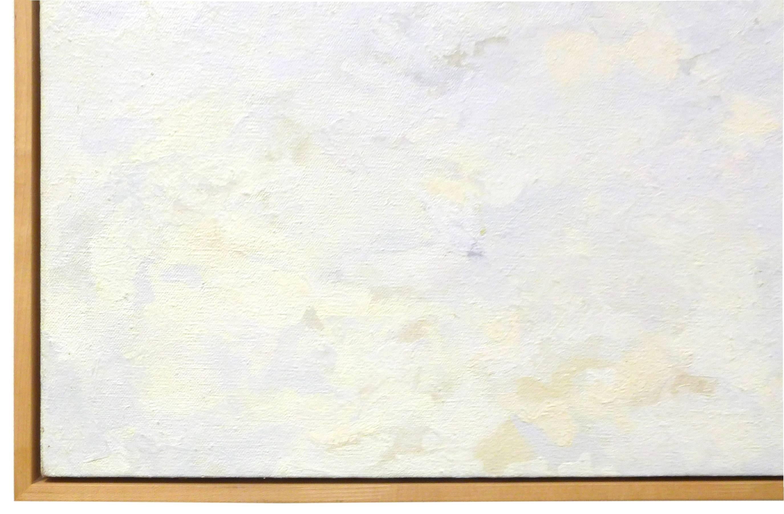 A beautifully Minimalist and understated oil on canvas painting. Subtle white, off-white. light blue and light grey tones create an abstract, almost sky-like composition. A very soothing yet visually alluring work. Beautifully framed in a simple,