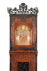 Tall Aesthetic Movement Oak and Wrought Iron Case Clock