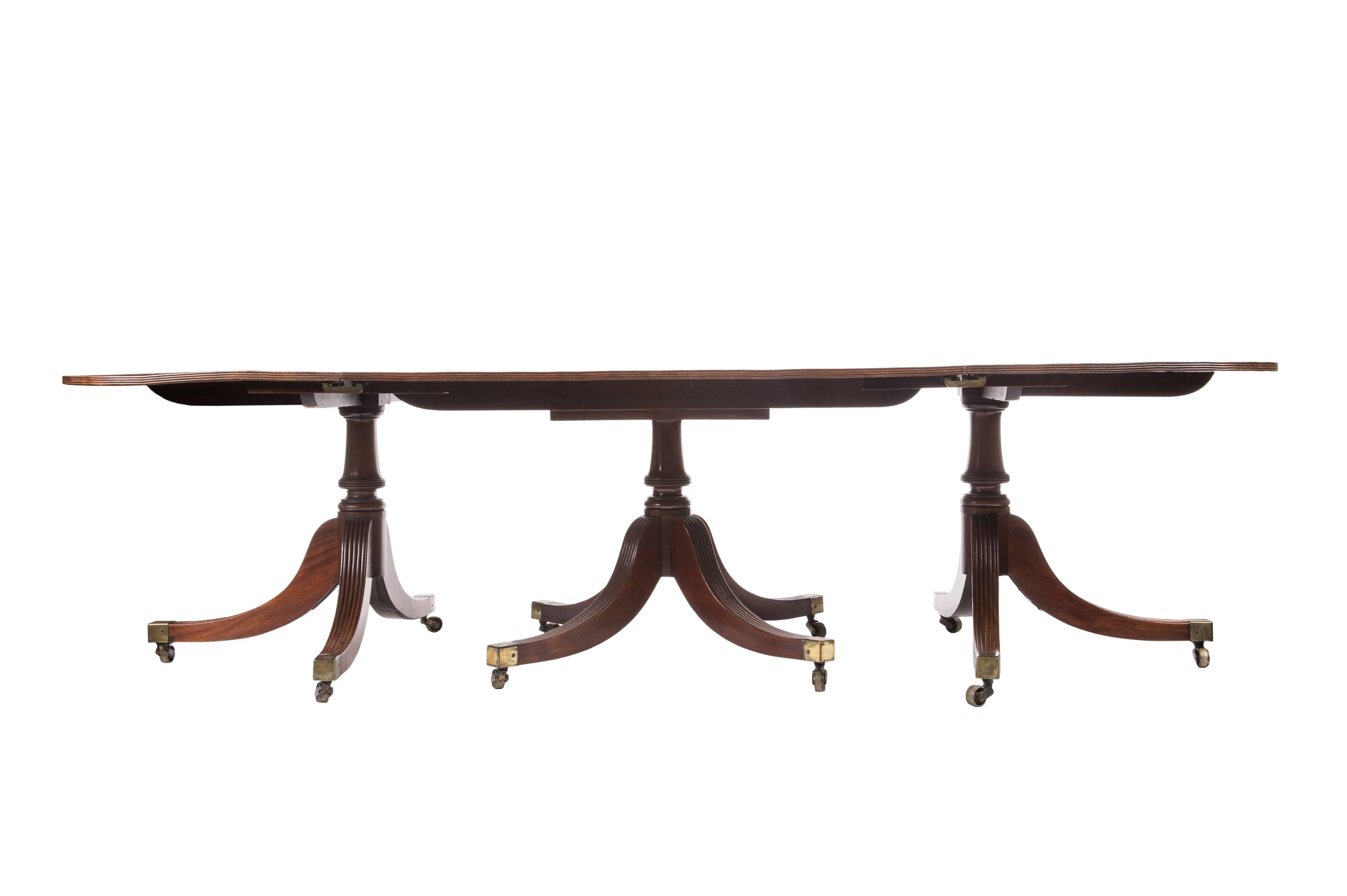 A fine 19th century Regency period well figured mahogany three pedestal dining table, having reeded edge top fitted with two matching figured leaves, supported on ring turned stem, slay legs ending with brass caps and castors.