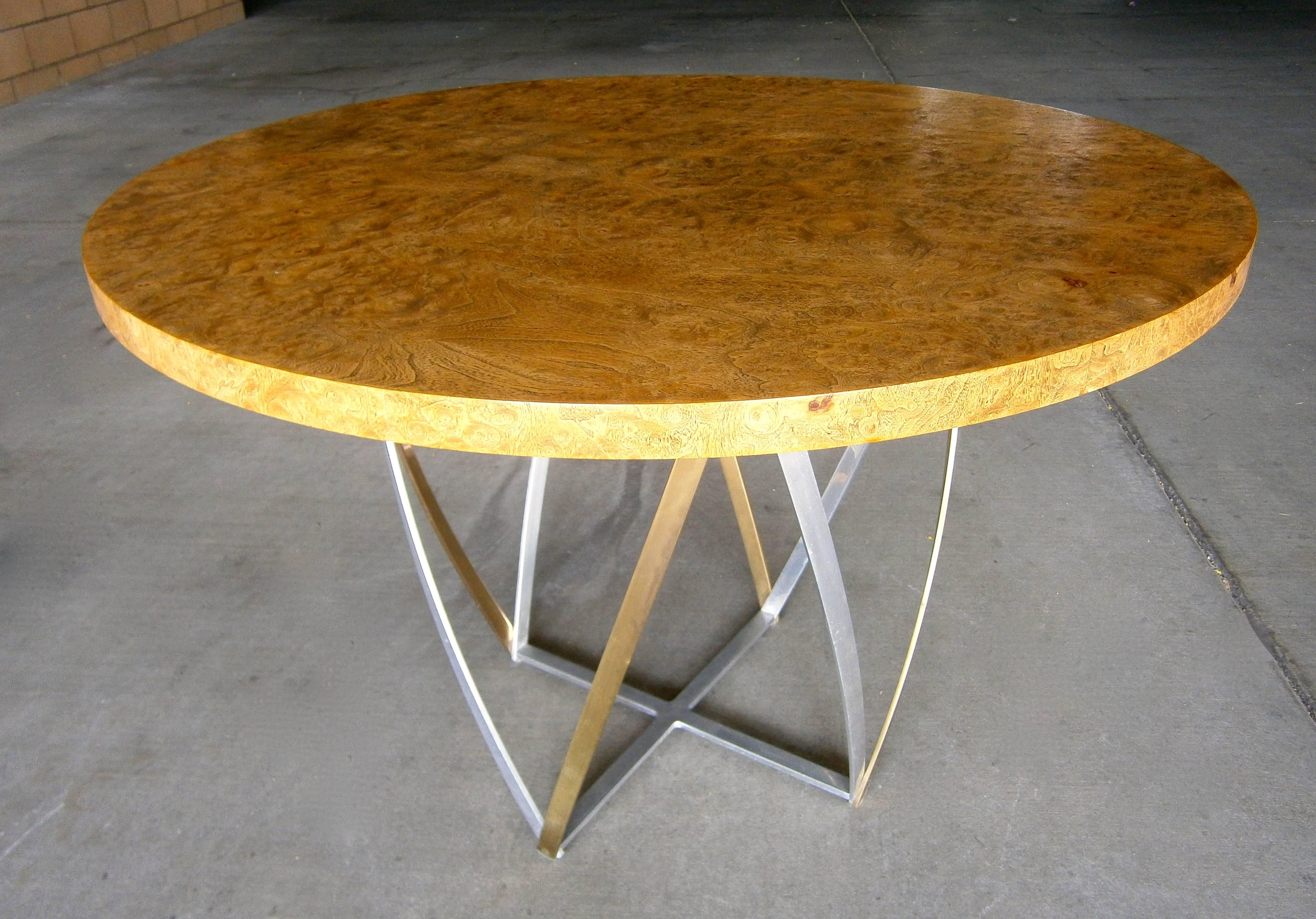 Mid-Century Modern Aluminum and Brass Based Burled wood Circular Table by John Vesey  C. 1960s For Sale