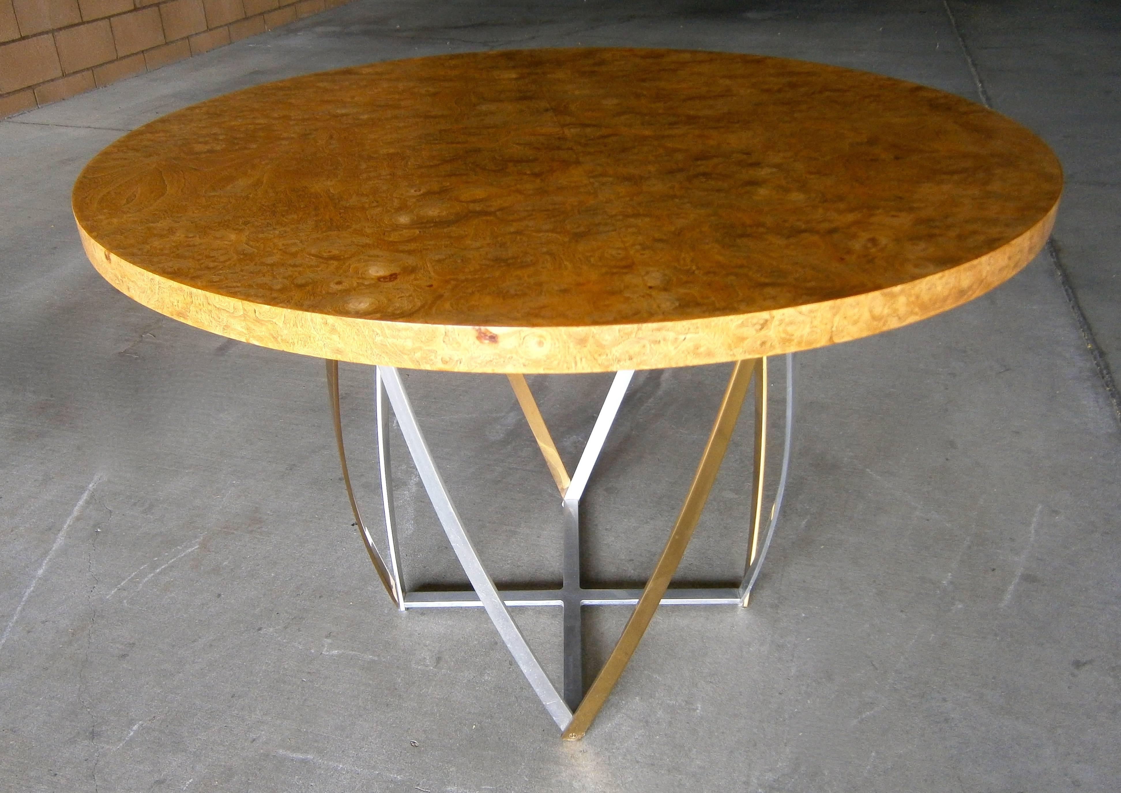 American Aluminum and Brass Based Burled wood Circular Table by John Vesey  C. 1960s For Sale
