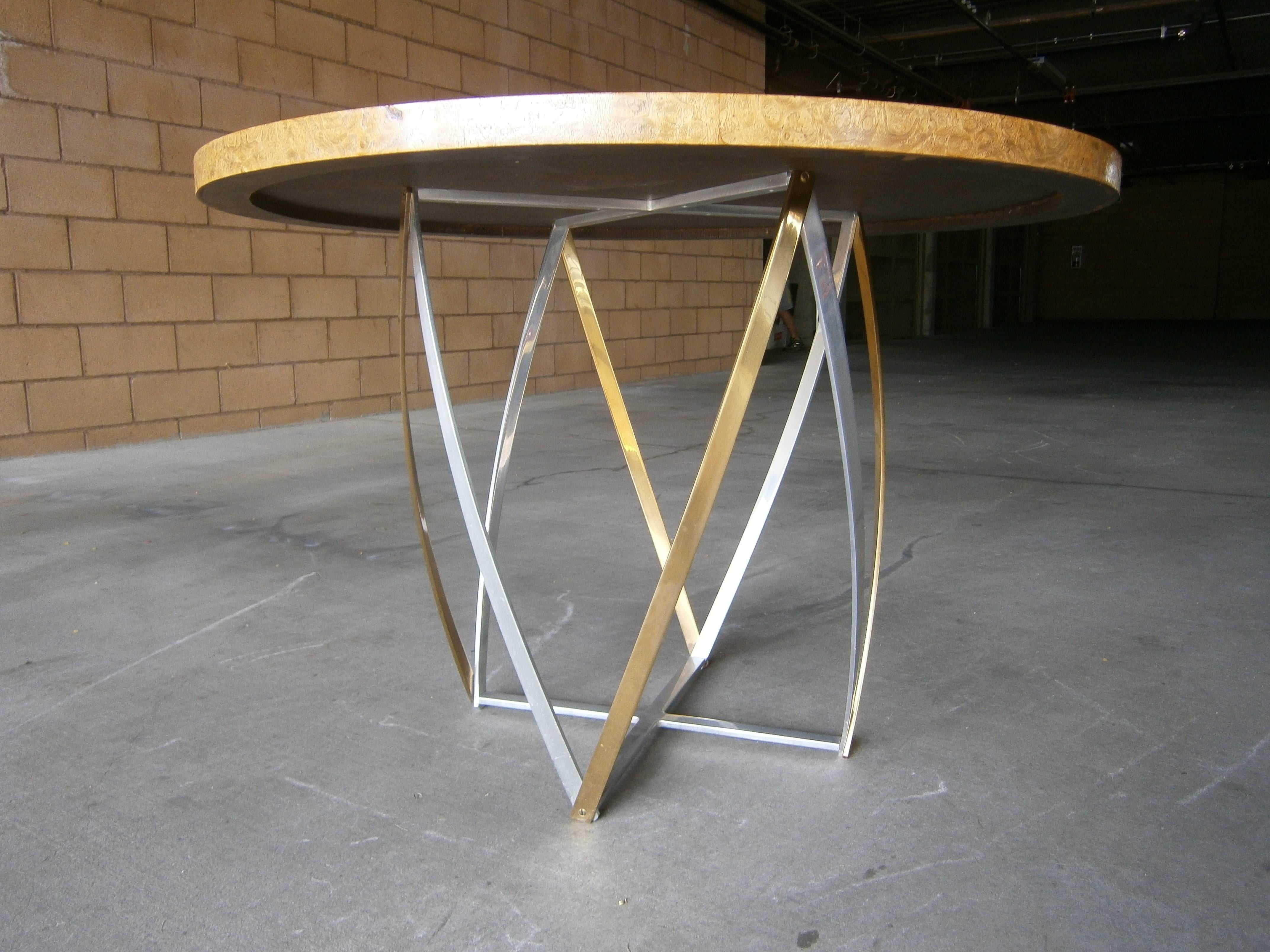 Aluminum and Brass Based Burled wood Circular Table by John Vesey  C. 1960s In Excellent Condition For Sale In Palm Springs, CA