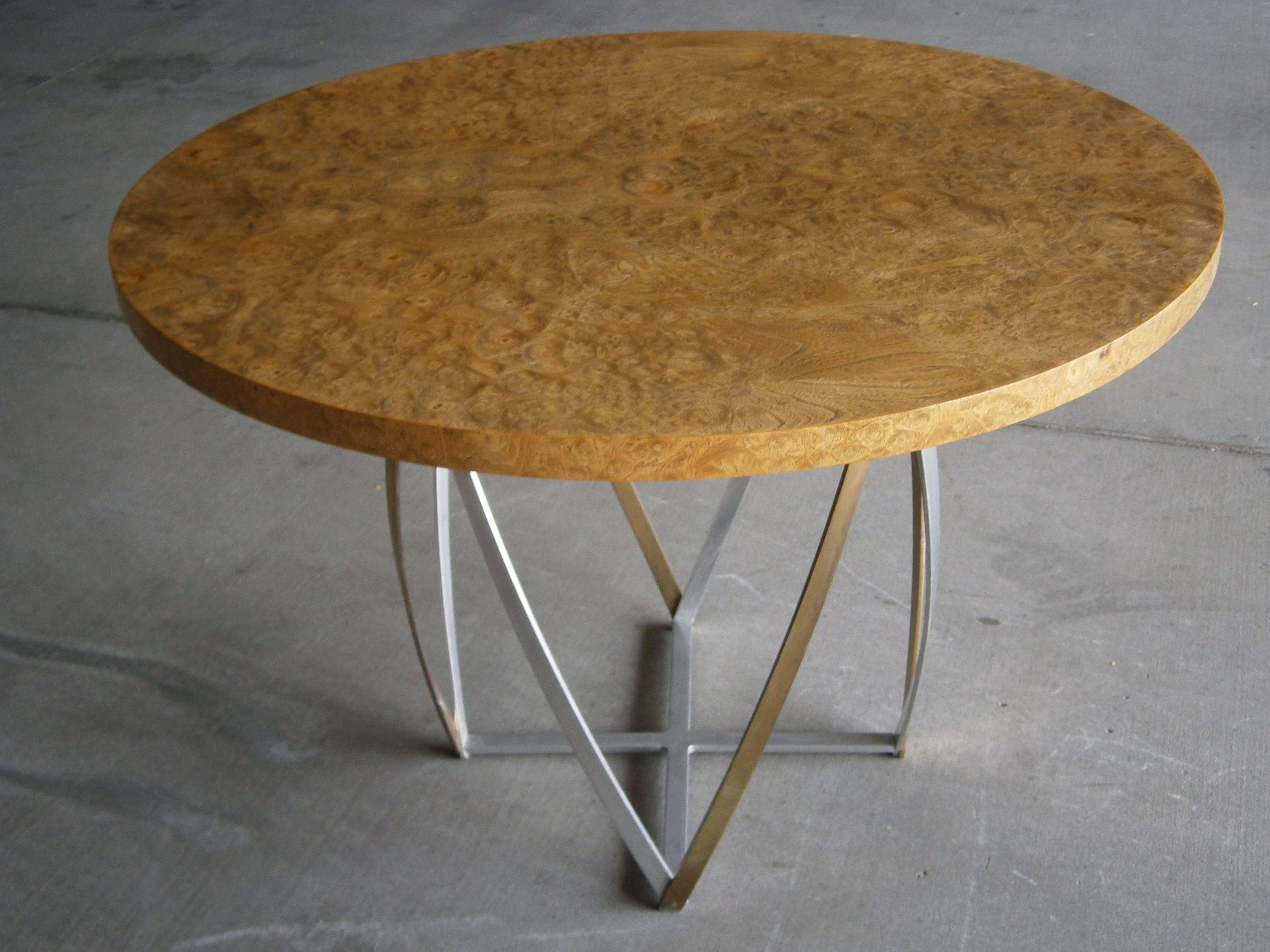 Mid-20th Century Aluminum and Brass Based Burled wood Circular Table by John Vesey  C. 1960s For Sale