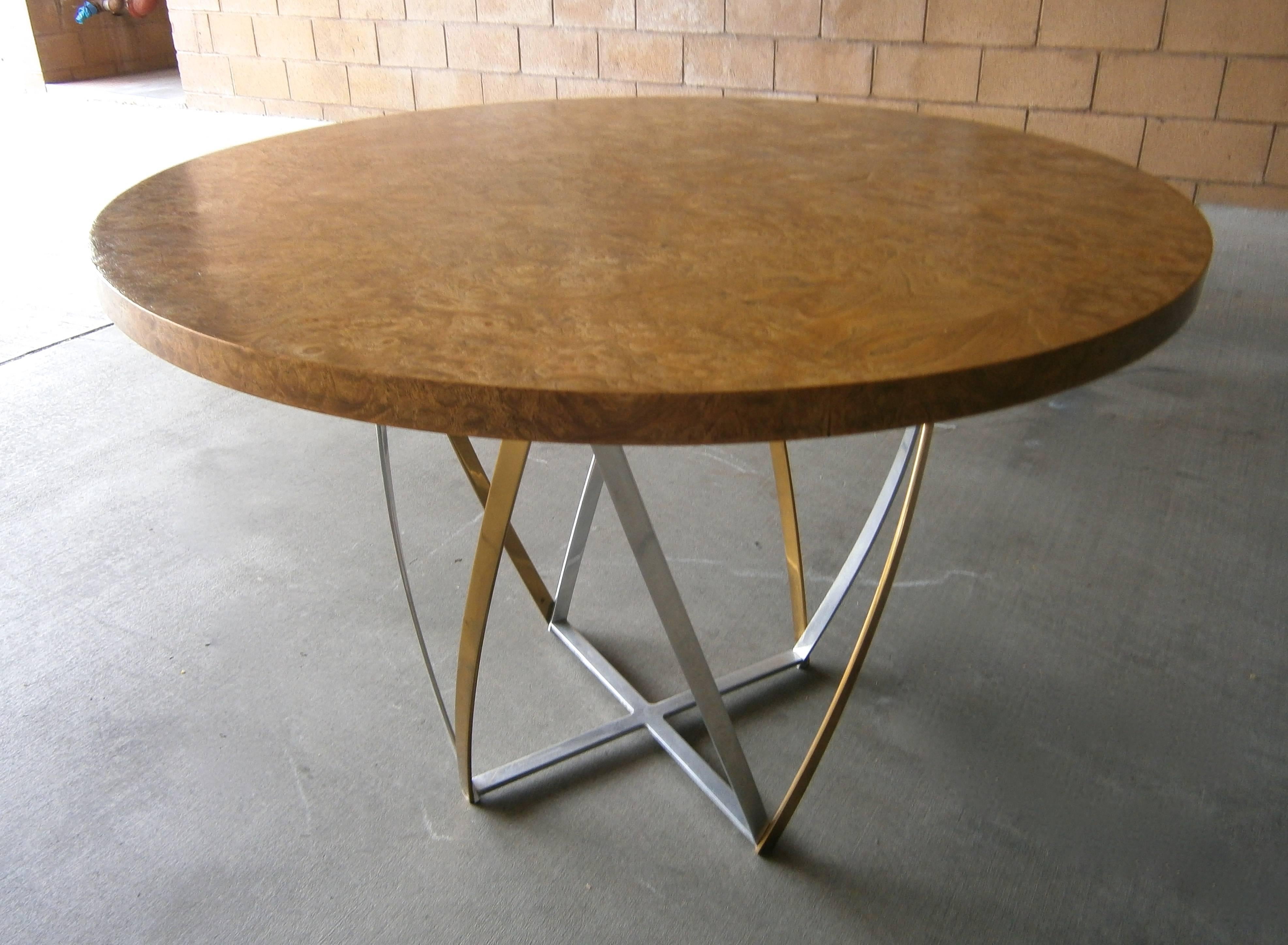 Aluminum and Brass Based Burled wood Circular Table by John Vesey  C. 1960s For Sale 1