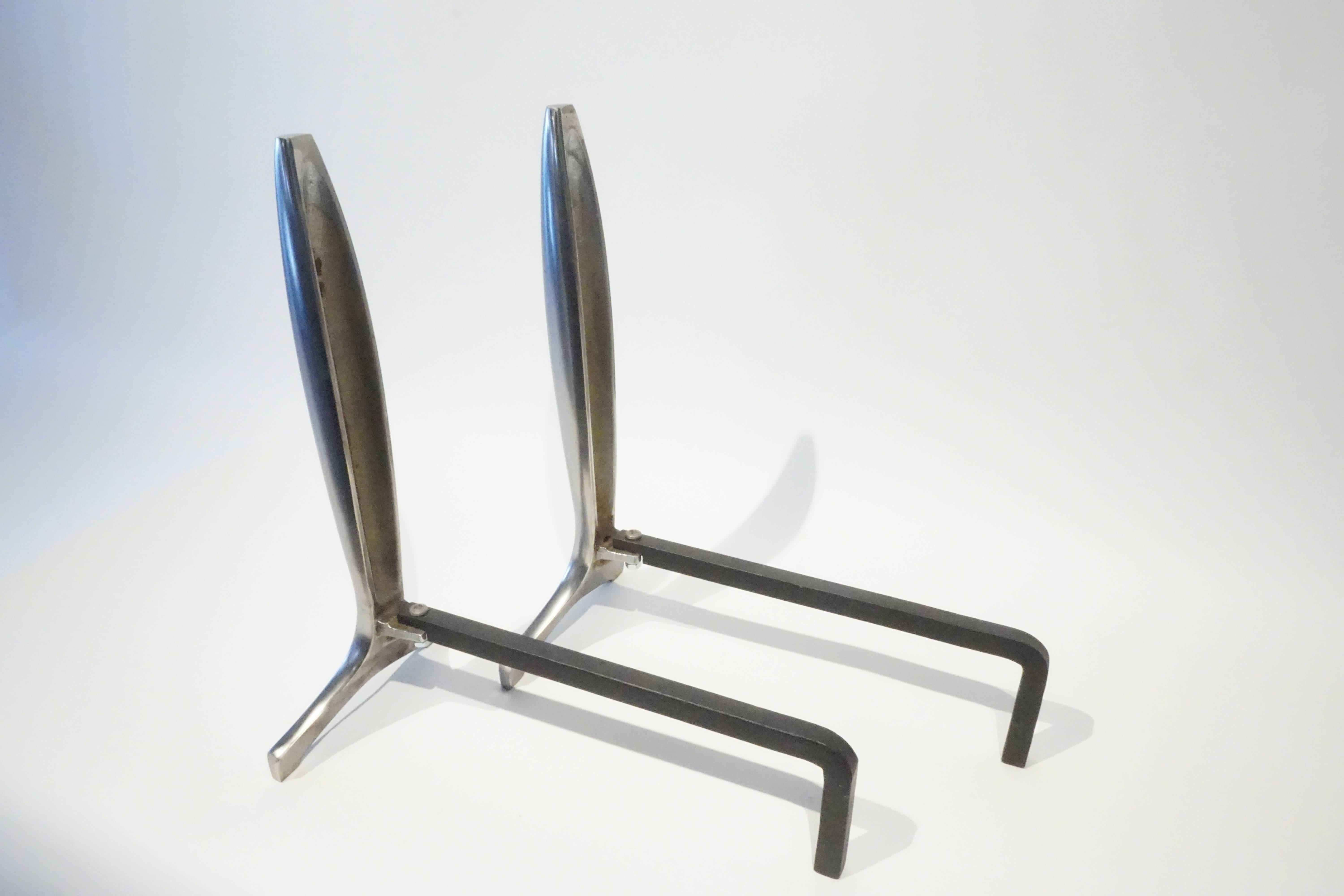 Pair of American Modernist Polished Aluminum Andirons C. 1940s In Excellent Condition For Sale In Palm Springs, CA