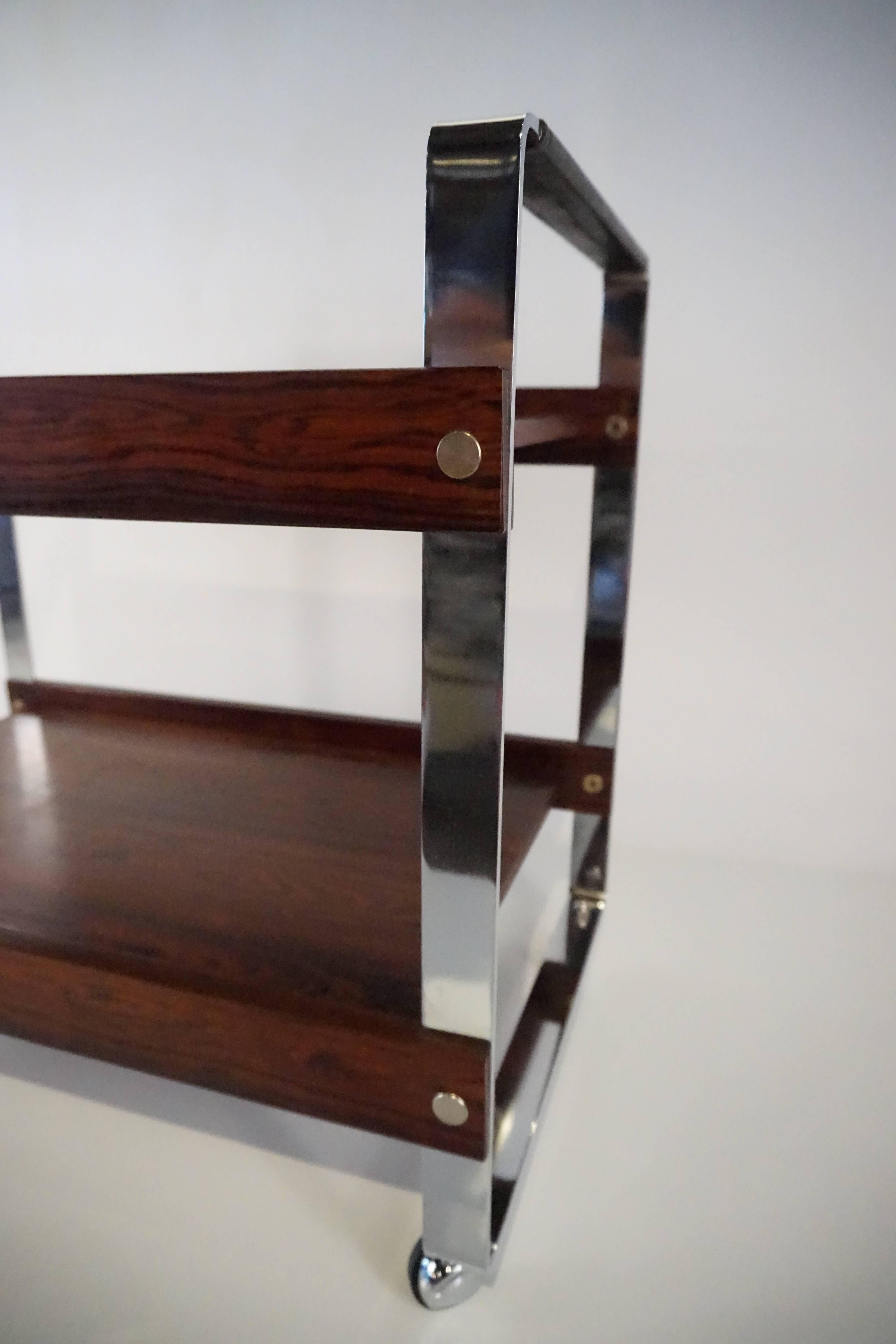 Plated Handsome Rosewood, Chrome & Leather Brazilian Bar Cart  C. 1960s