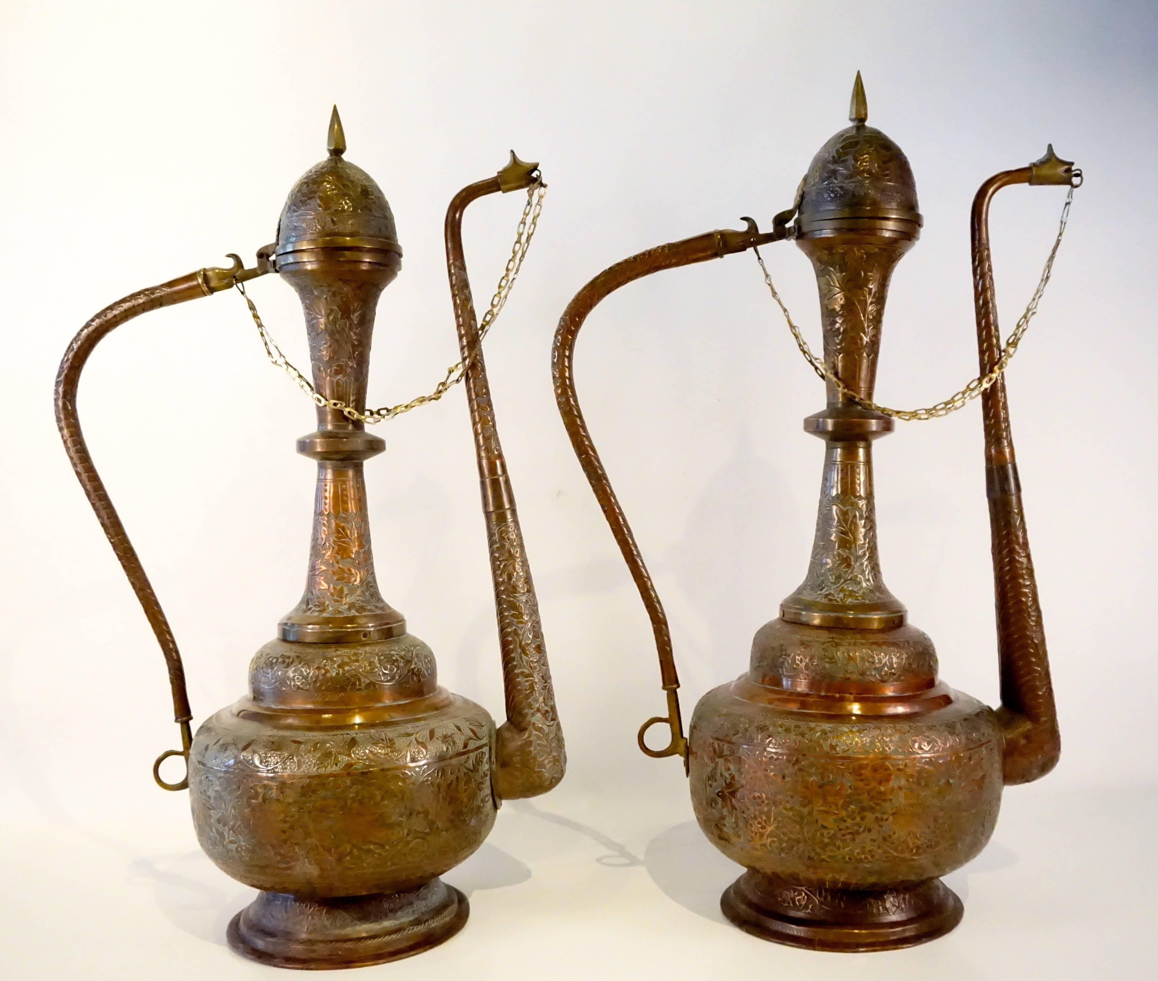 Vintage Pair of 1950s Extraordinarily Large Brass and Copper Moroccan Ewers In Excellent Condition For Sale In Palm Springs, CA