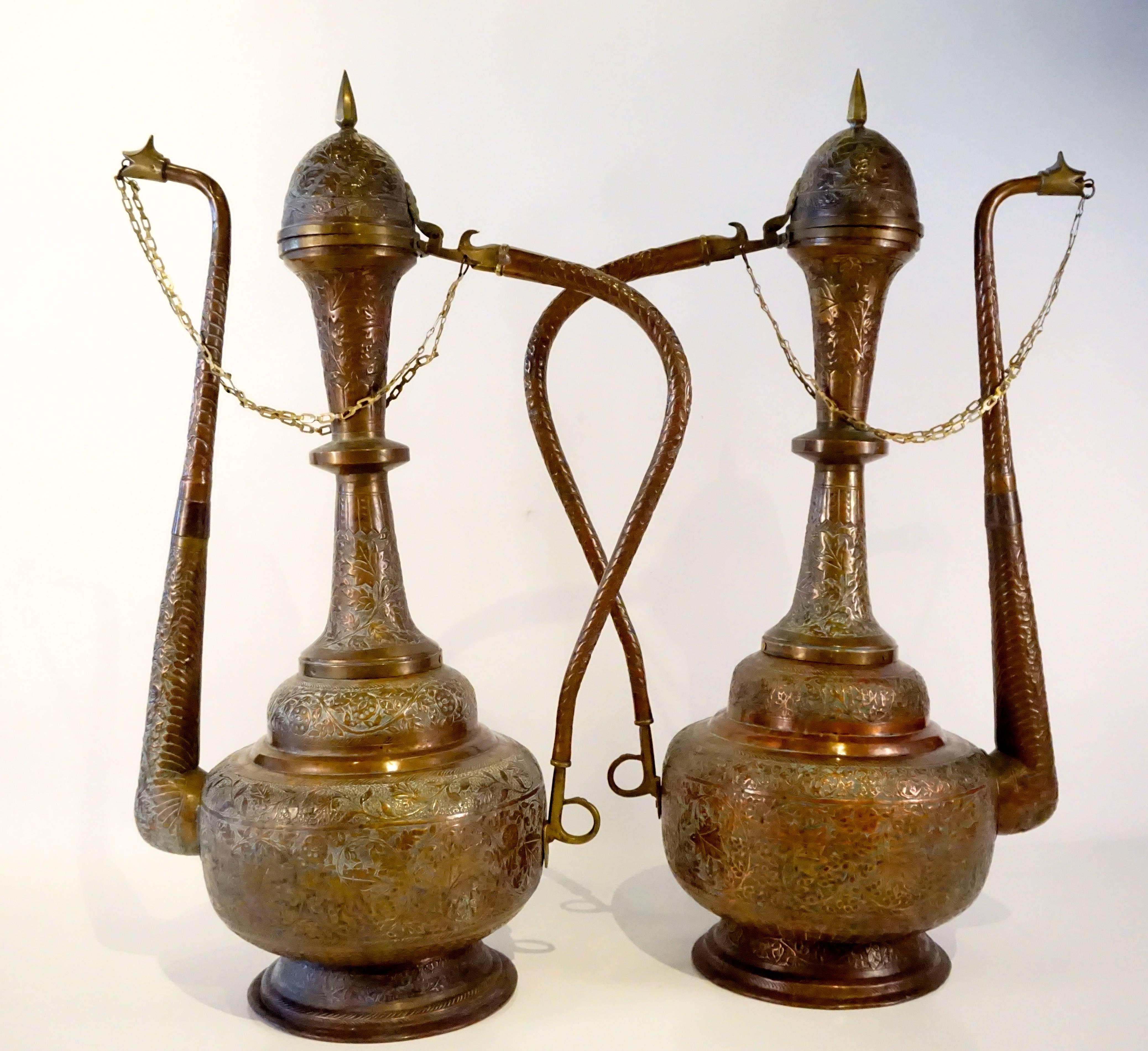 Hollywood Regency Vintage Pair of 1950s Extraordinarily Large Brass and Copper Moroccan Ewers For Sale