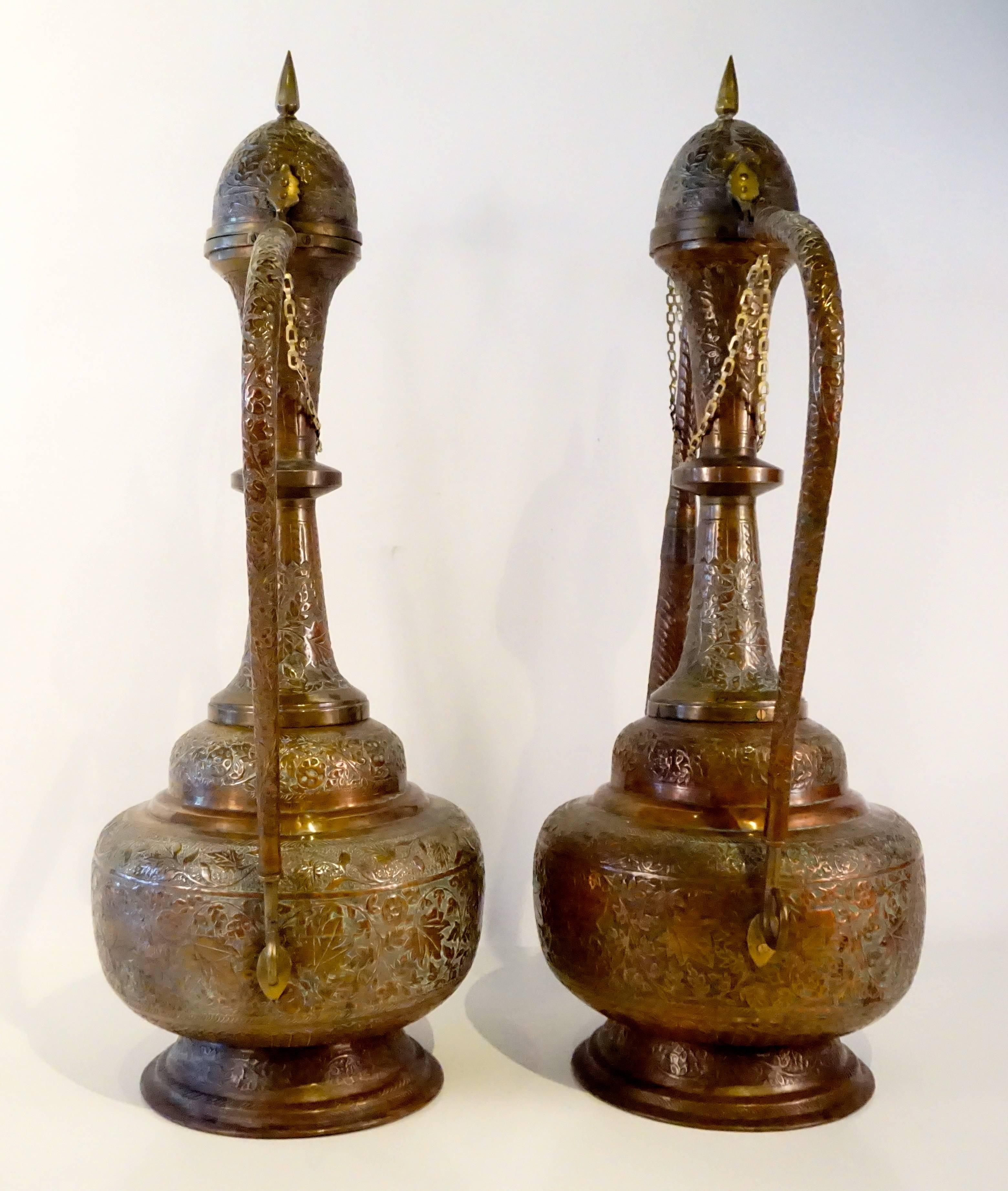 Mid-20th Century Vintage Pair of 1950s Extraordinarily Large Brass and Copper Moroccan Ewers For Sale