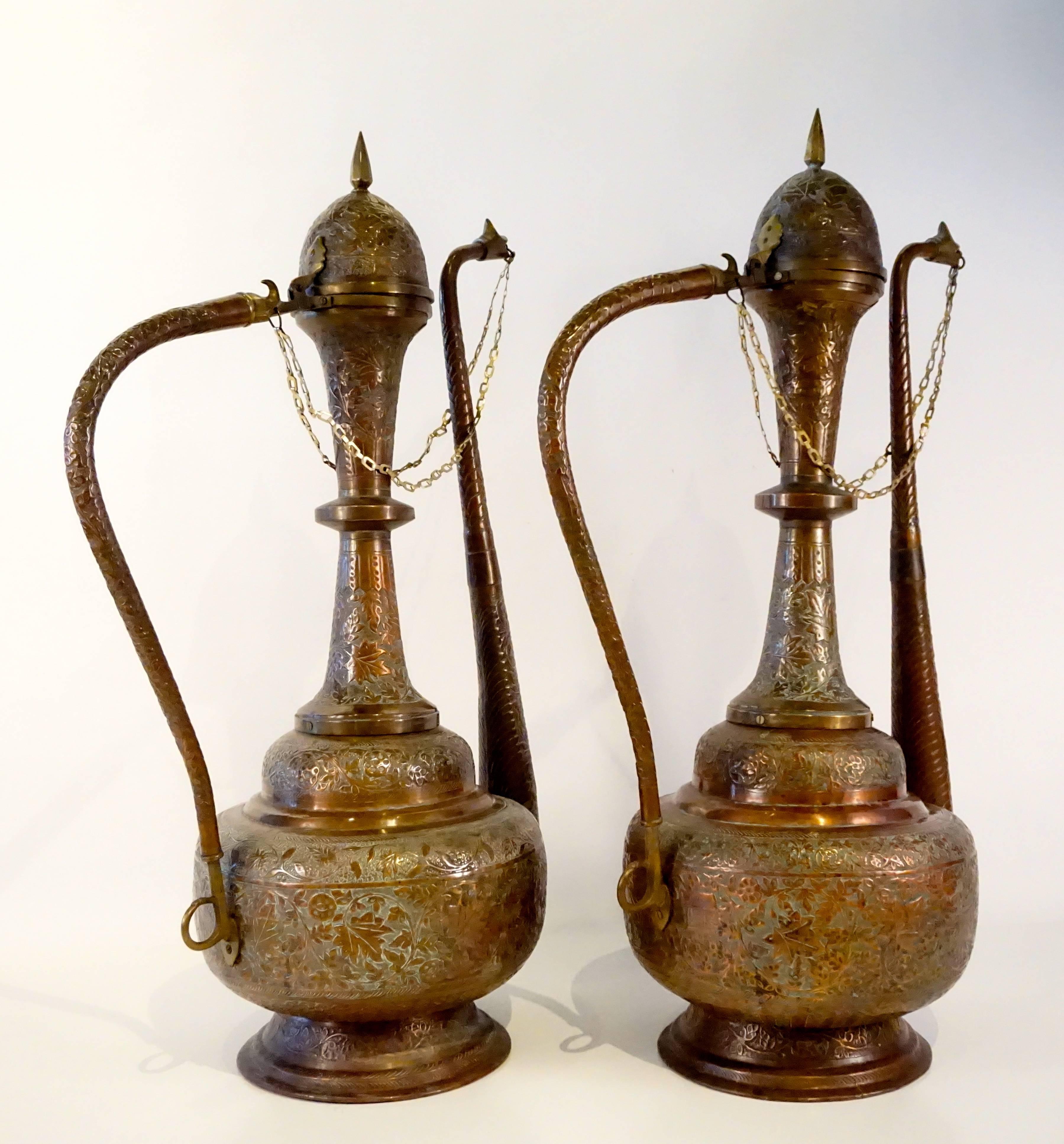 Vintage Pair of 1950s Extraordinarily Large Brass and Copper Moroccan Ewers For Sale 1