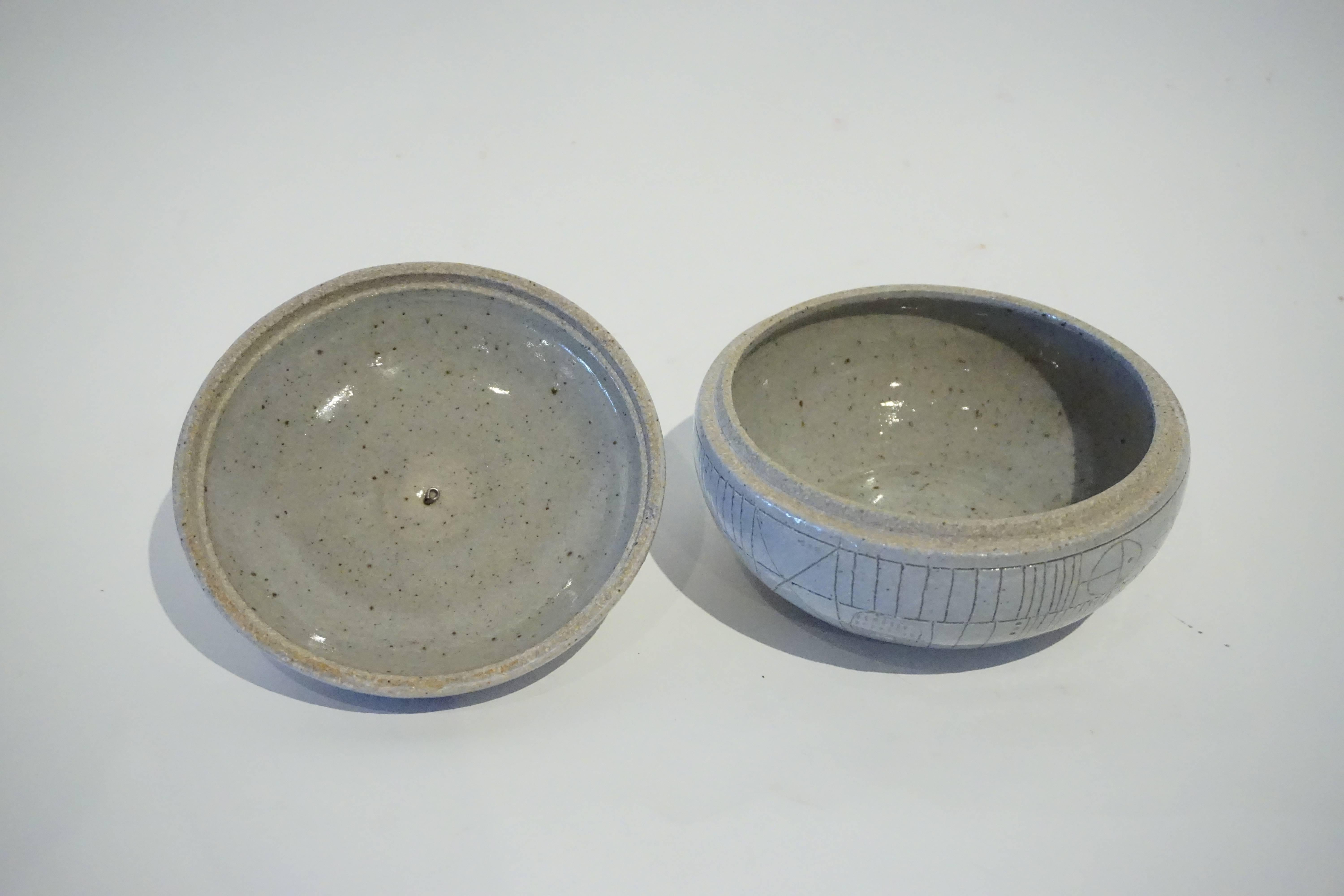 American Pale Gray Scribed Lidded Box with Coral Handle by Heather Rosenman