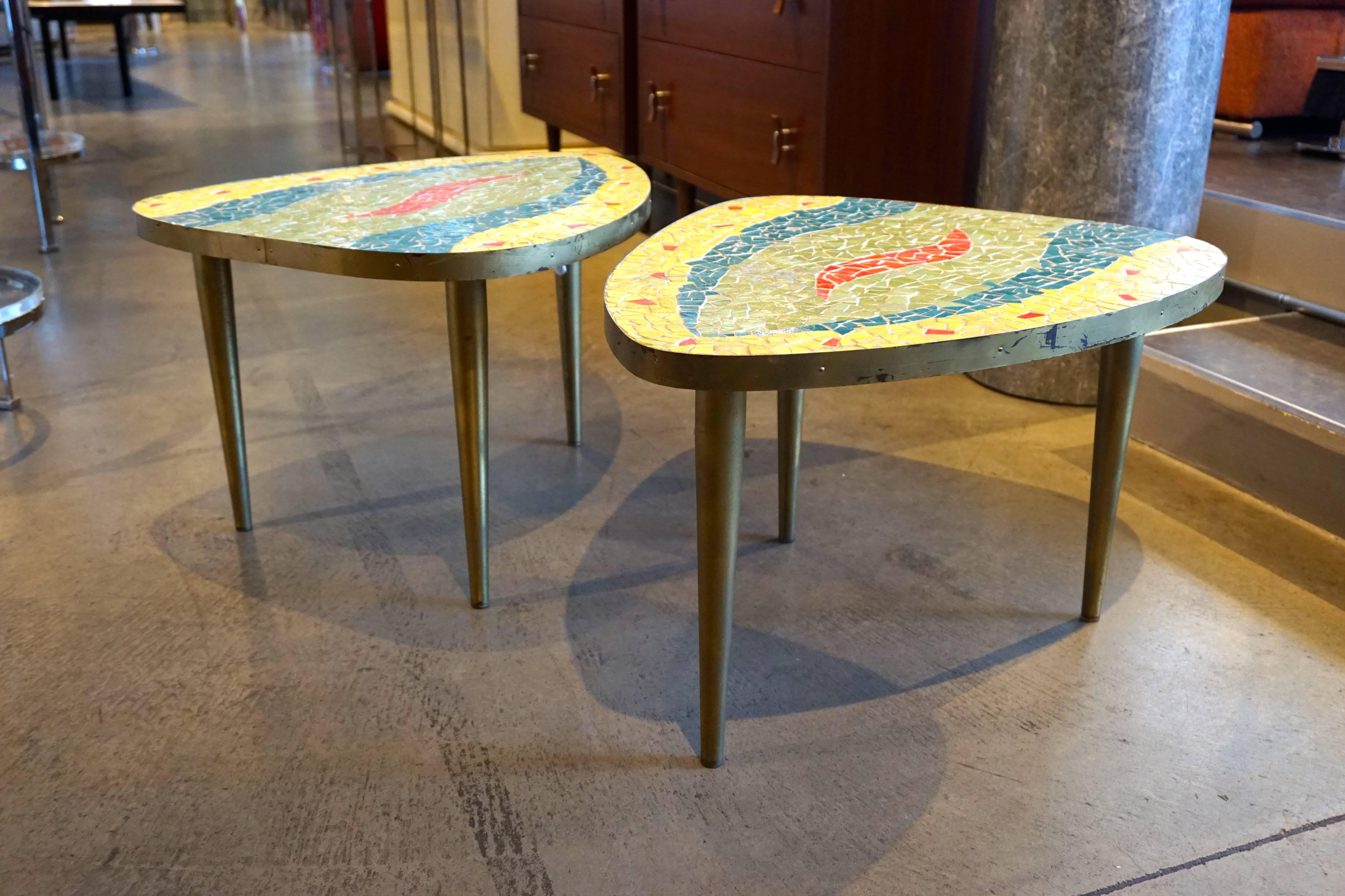 American Whimsical Pair of Glass Mosaic-Topped Mid Century Occasional Tables  C.1960s