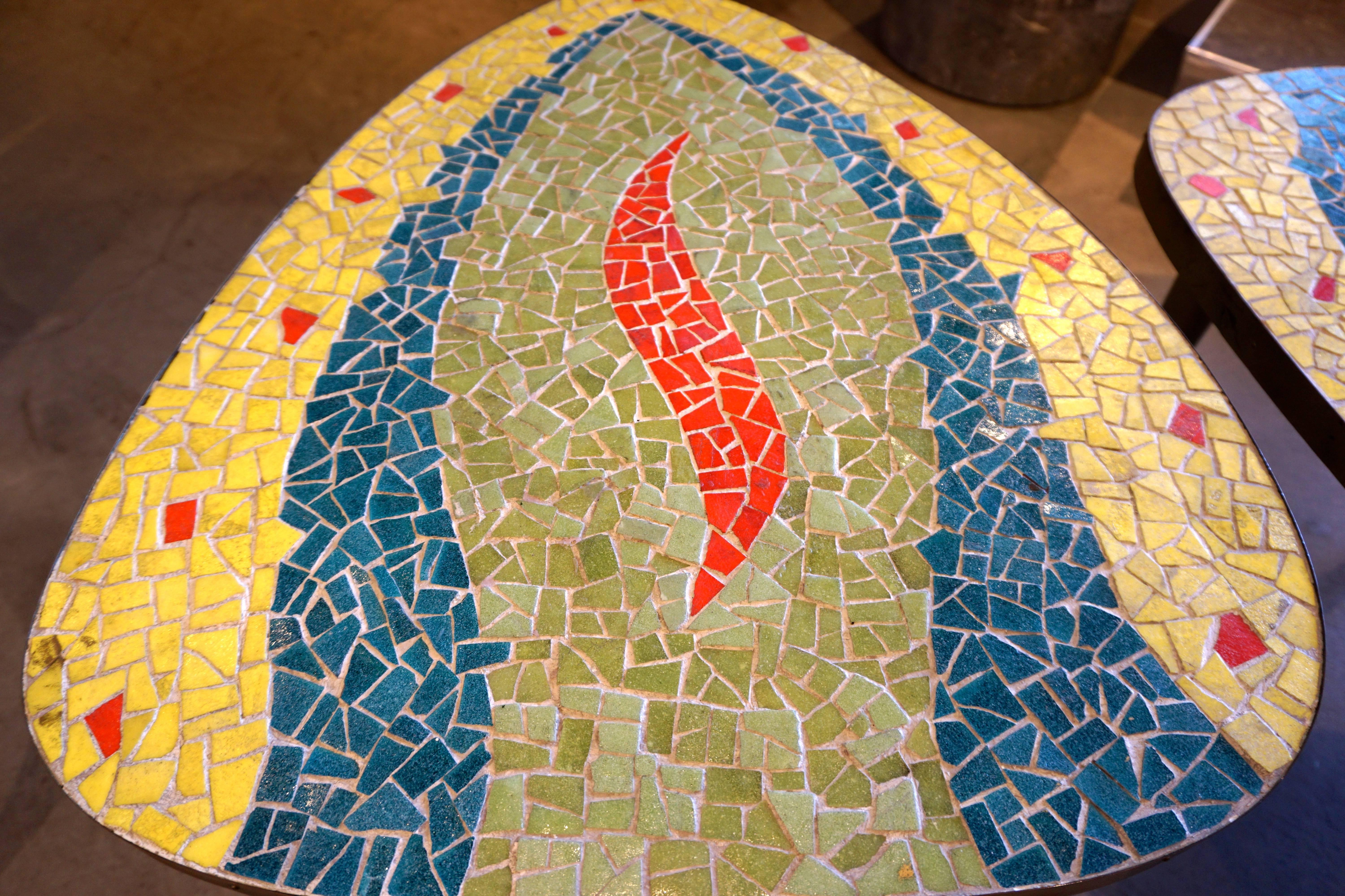 Whimsical Pair of Glass Mosaic-Topped Mid Century Occasional Tables  C.1960s In Good Condition In Palm Springs, CA