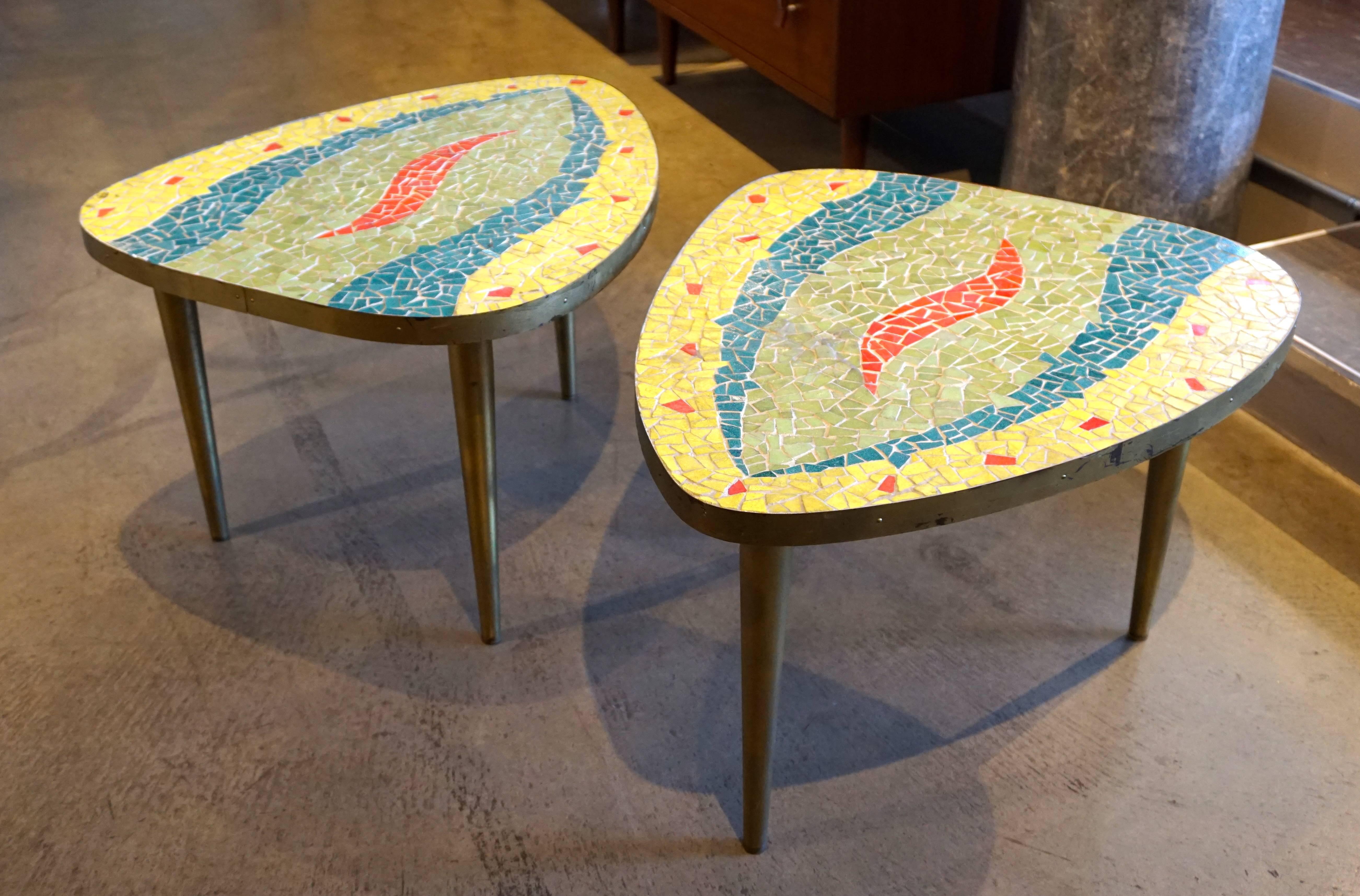 Mid-Century Modern Whimsical Pair of Glass Mosaic-Topped Mid Century Occasional Tables  C.1960s