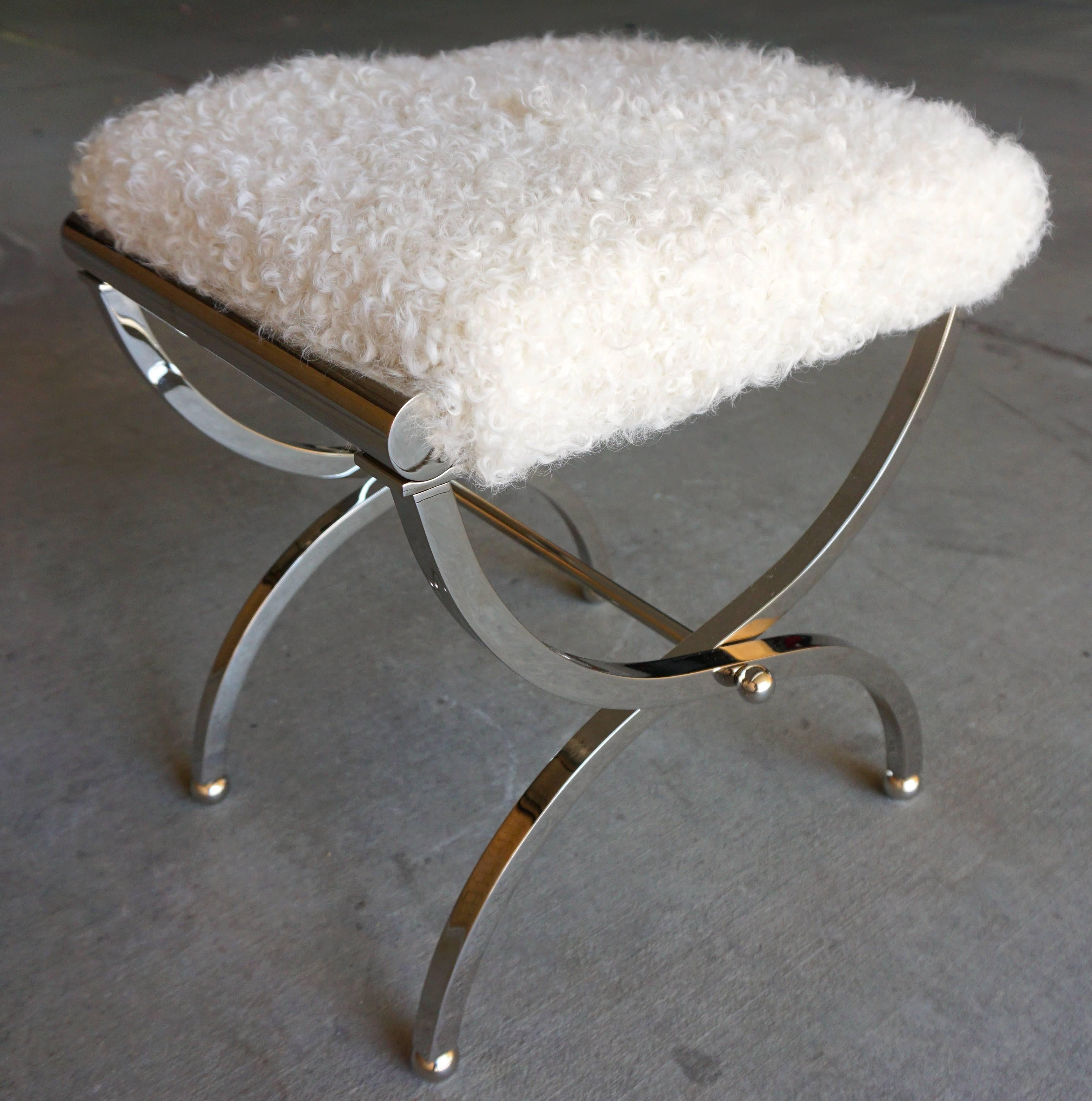 Ball Line Vanity Stool in polished Nickel, newly upholstered in Lamb by Charles Hollis Jones, circa 1960's