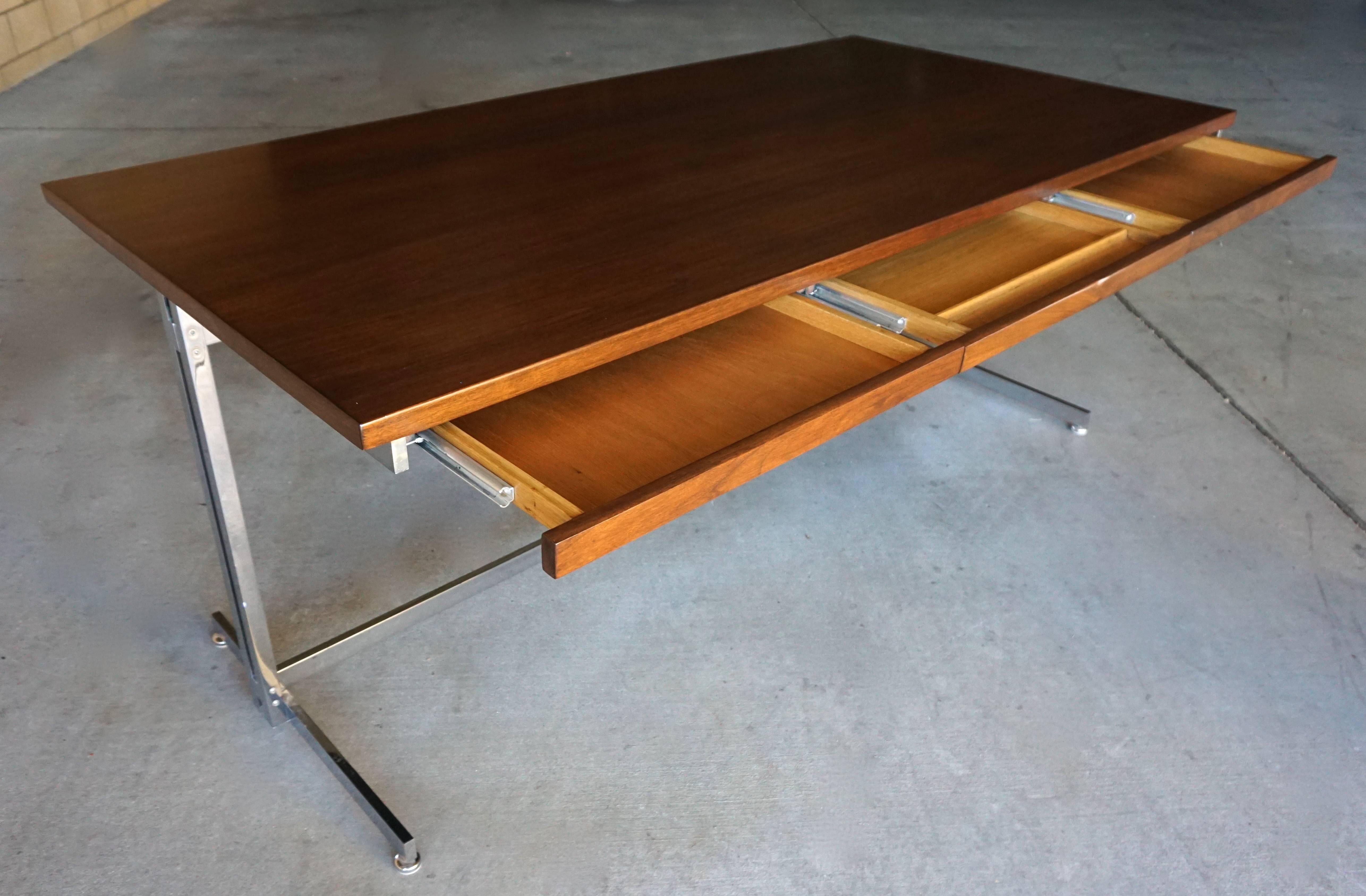 Mid-Century Modern Walnut & Steel Writing Table Attributed to Belgian Designer Jules Wabbes C.1960s