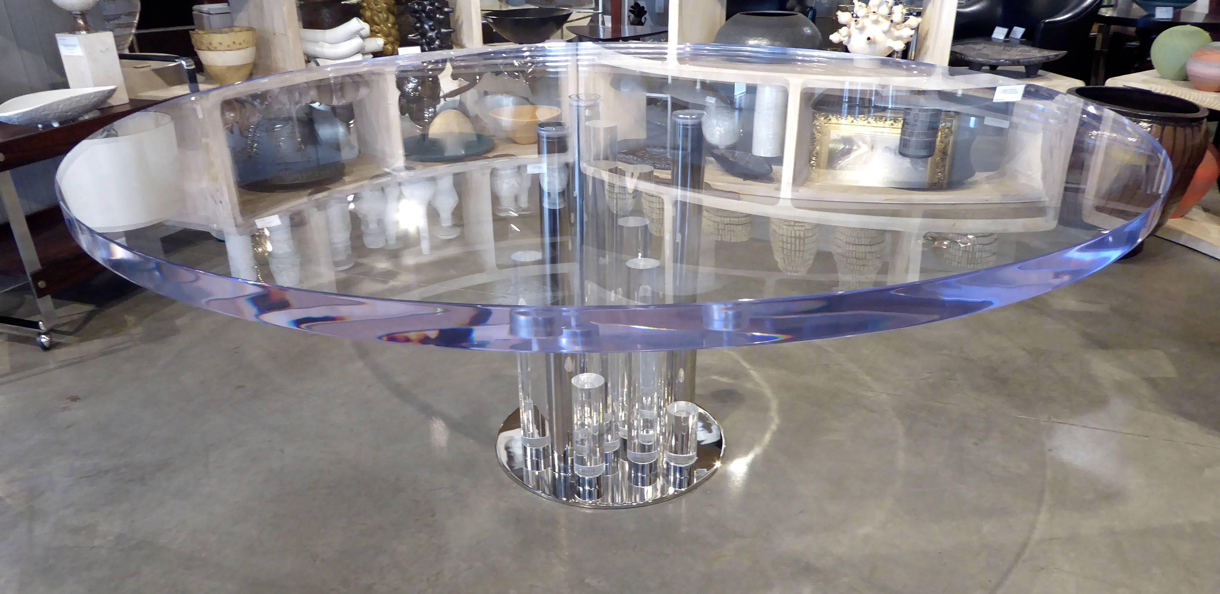 An amazing, large scale totally custom "Post Line" dining table by Charles Hollis Jones. The base of this table is composed of 16 stalagmite "posts" in acrylic and nickel. The three support columns are nickel plated steel. These