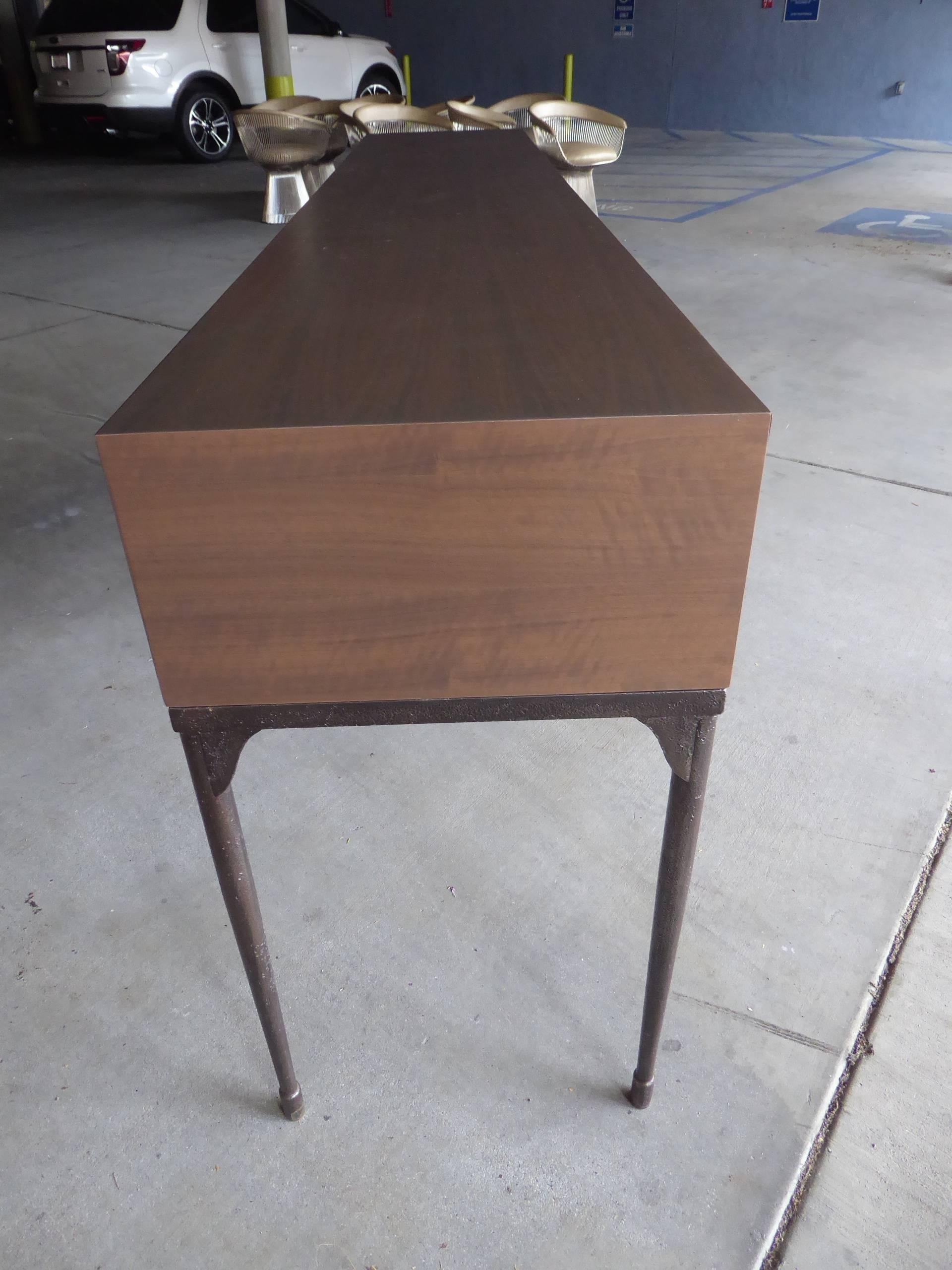 Custom-Made Stained Walnut Four-Drawer Console Table with an Iron Base For Sale 1